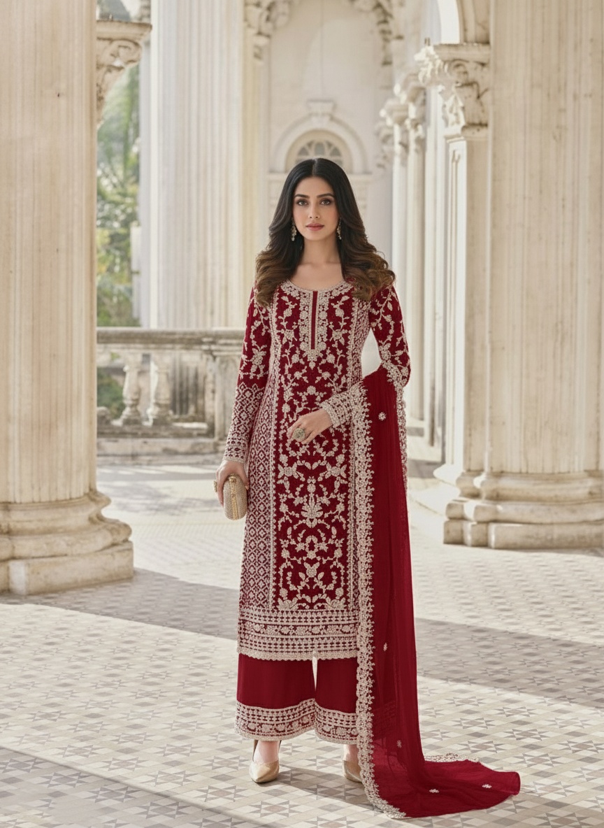 Burgundy Floral Net Palazzo Suit