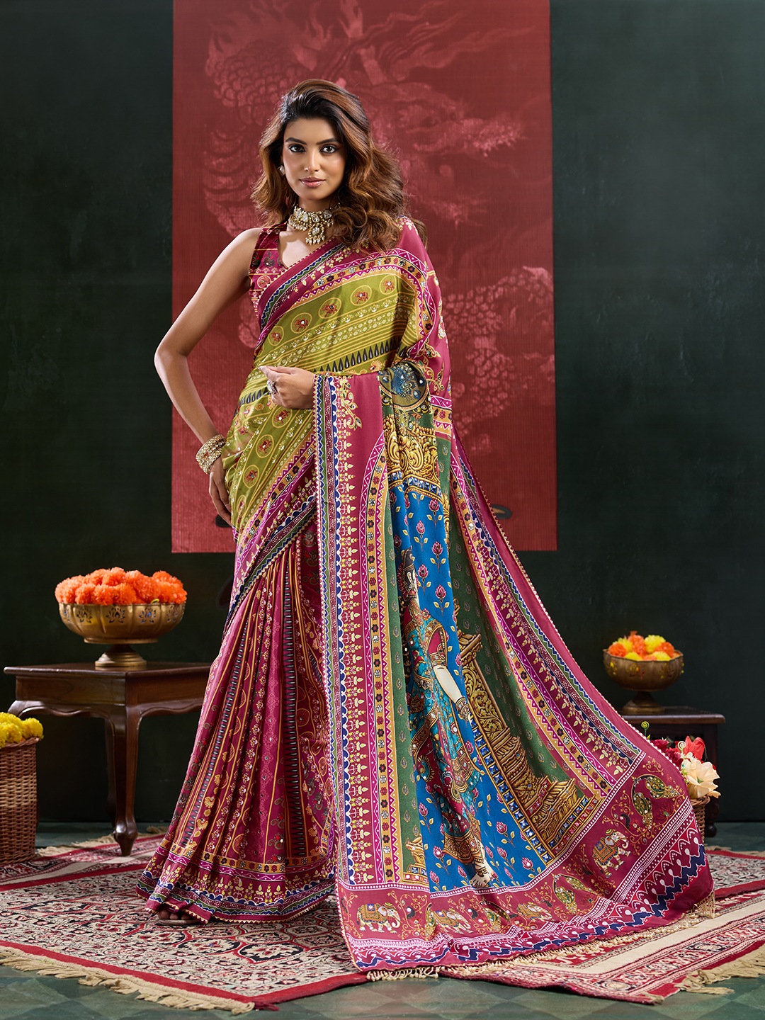 Burgundy Heritage Mirror Work Crepe Silk Saree
