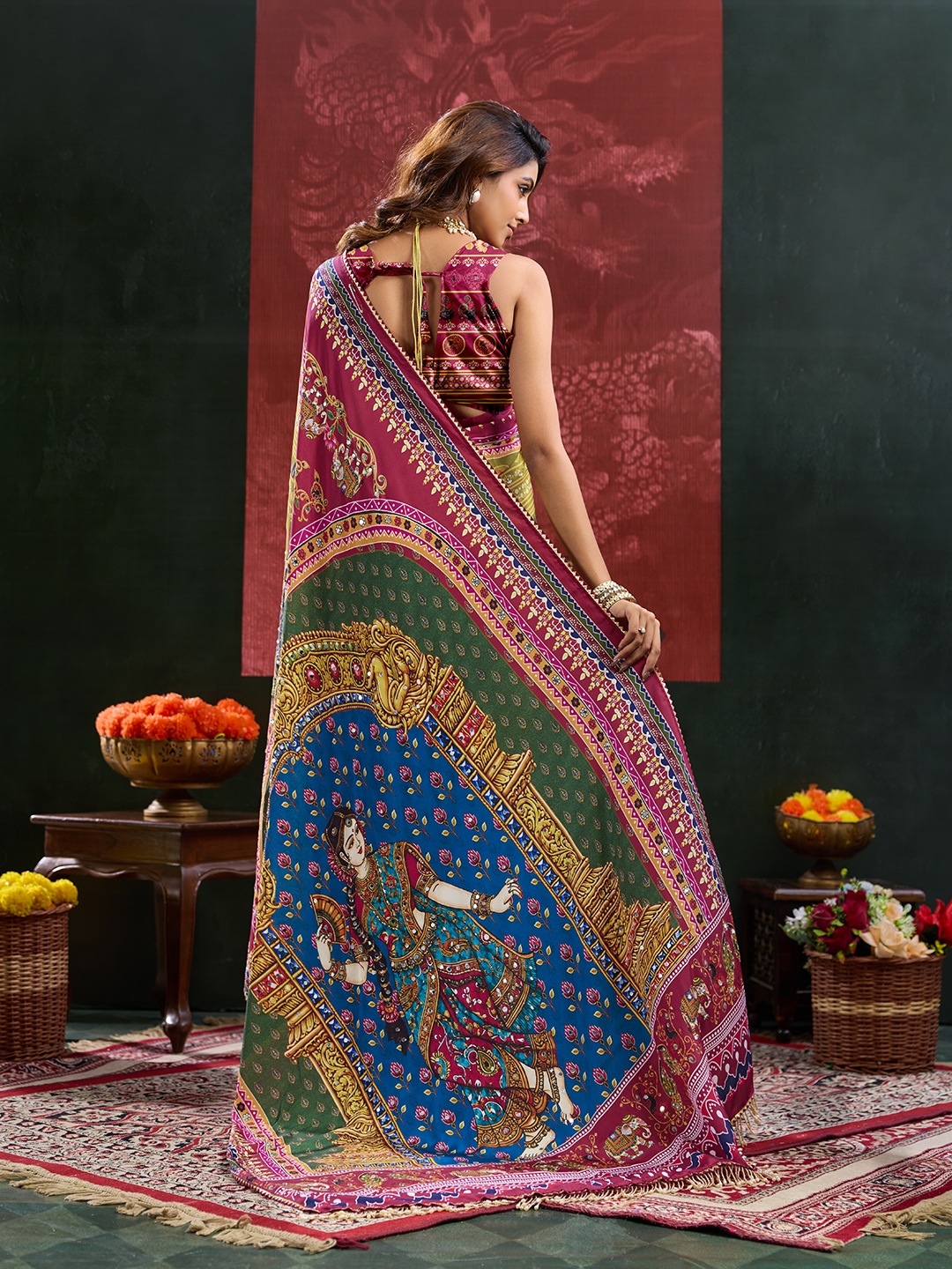 Burgundy Heritage Mirror Work Crepe Silk Saree — alternate view