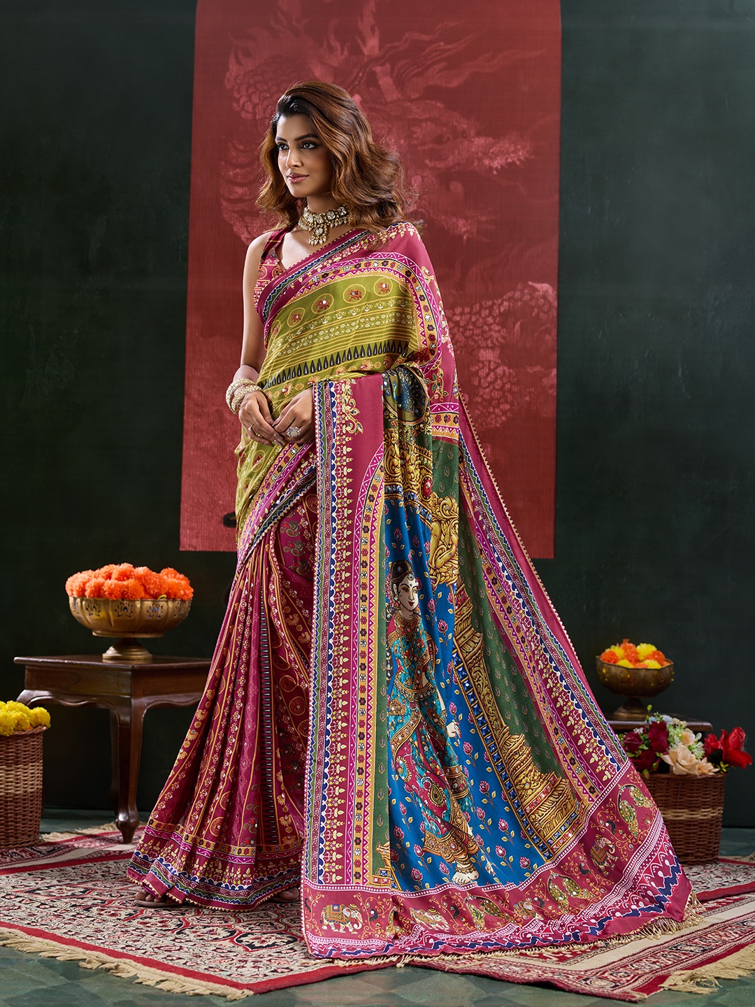 Burgundy Heritage Mirror Work Crepe Silk Saree