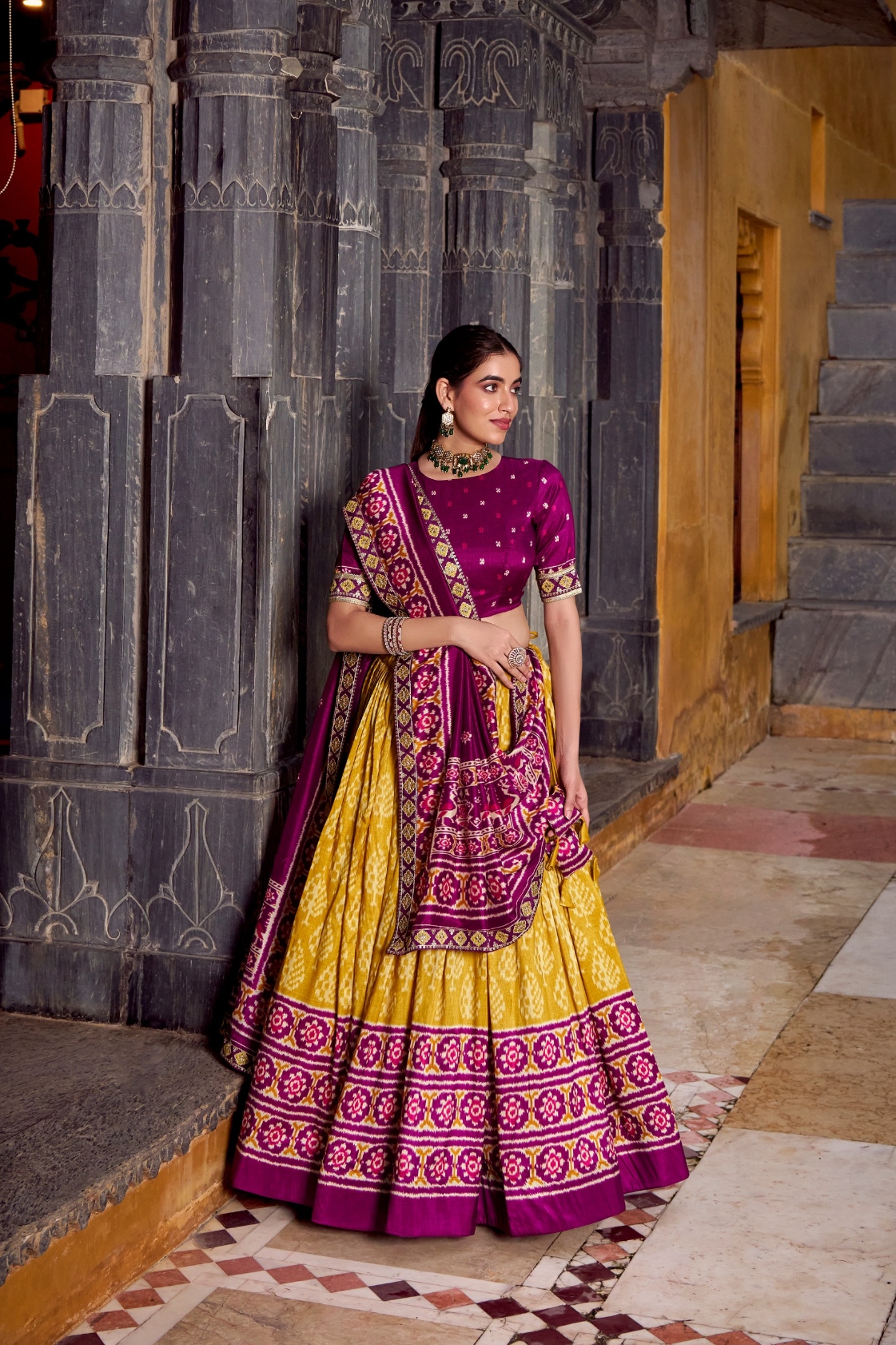 Burgundy Mustard Ikkat Tussar Silk Lehenga Choli