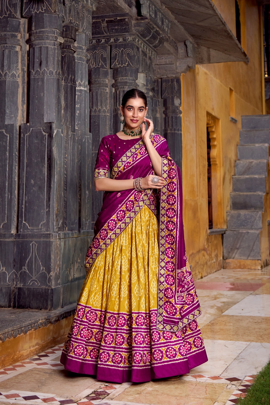 Burgundy Mustard Ikkat Tussar Silk Lehenga Choli
