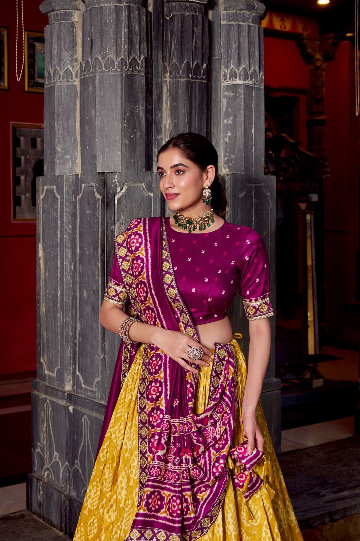 Burgundy Mustard Ikkat Tussar Silk Lehenga Choli