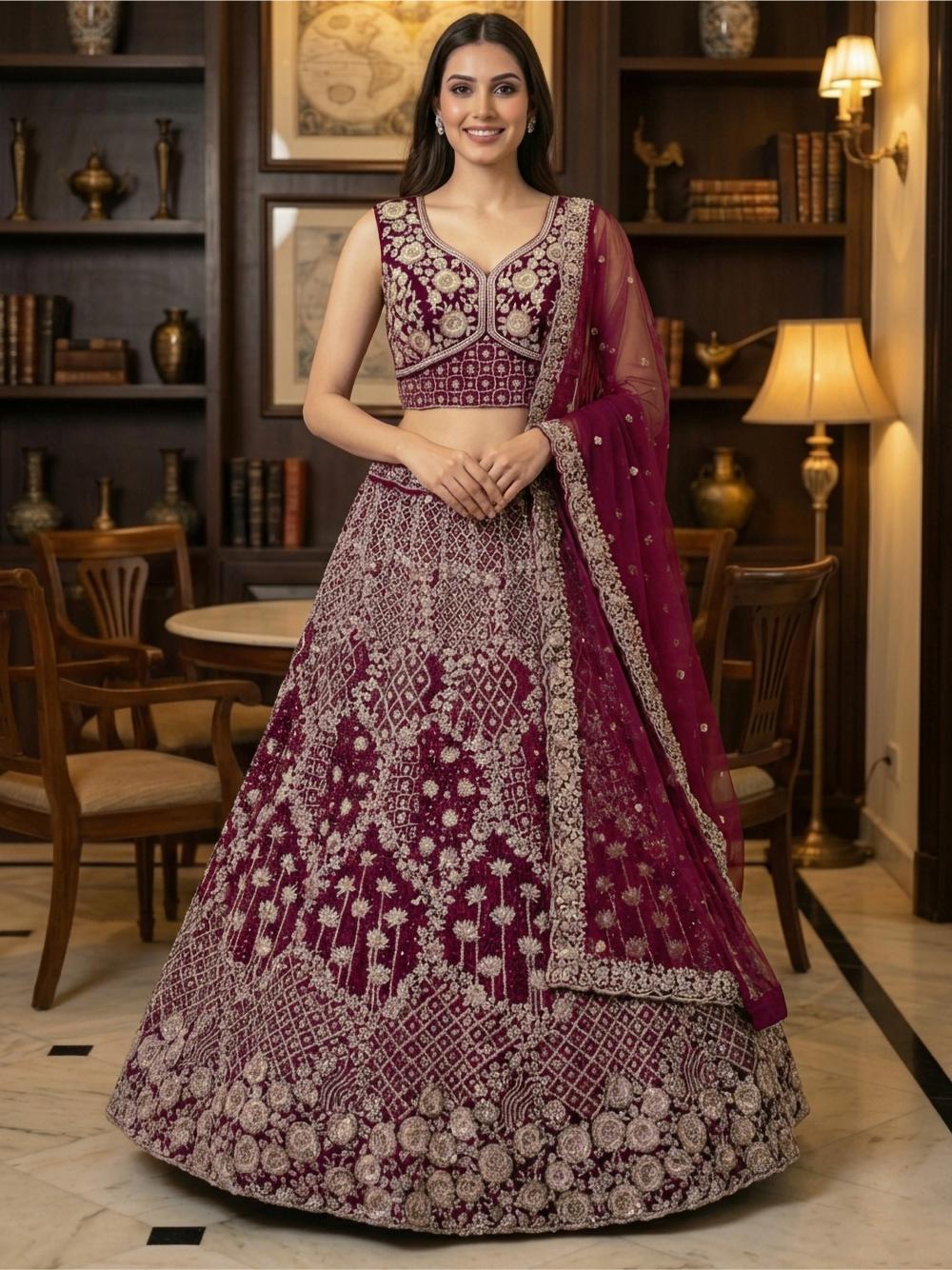 Burgundy Net Sequins Embroidered Lehenga Choli