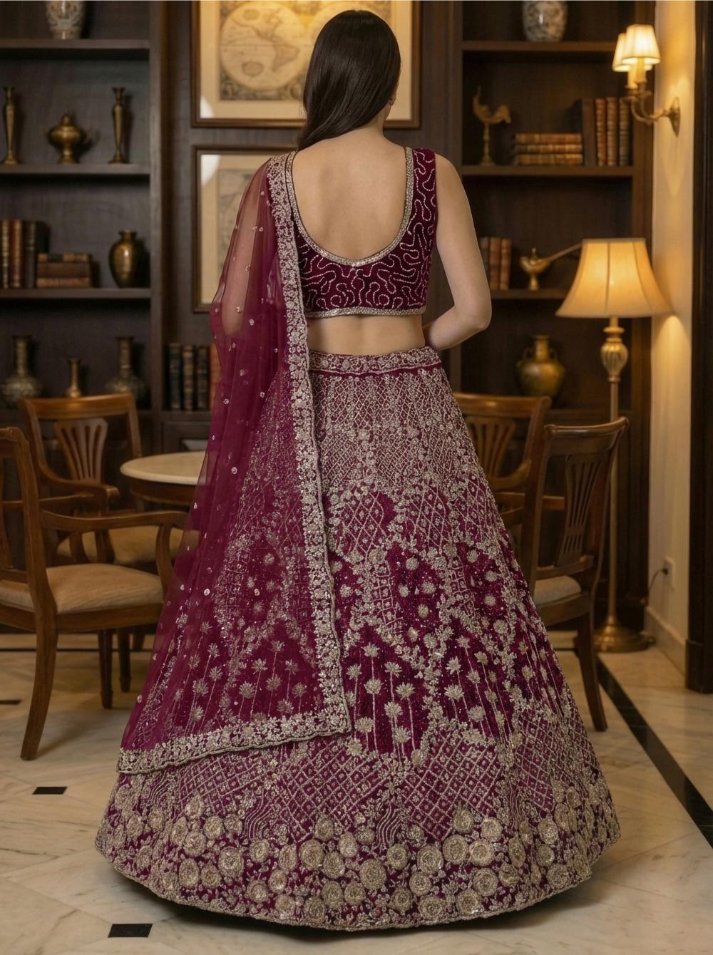 Burgundy Net Sequins Embroidered Lehenga Choli — alternate view