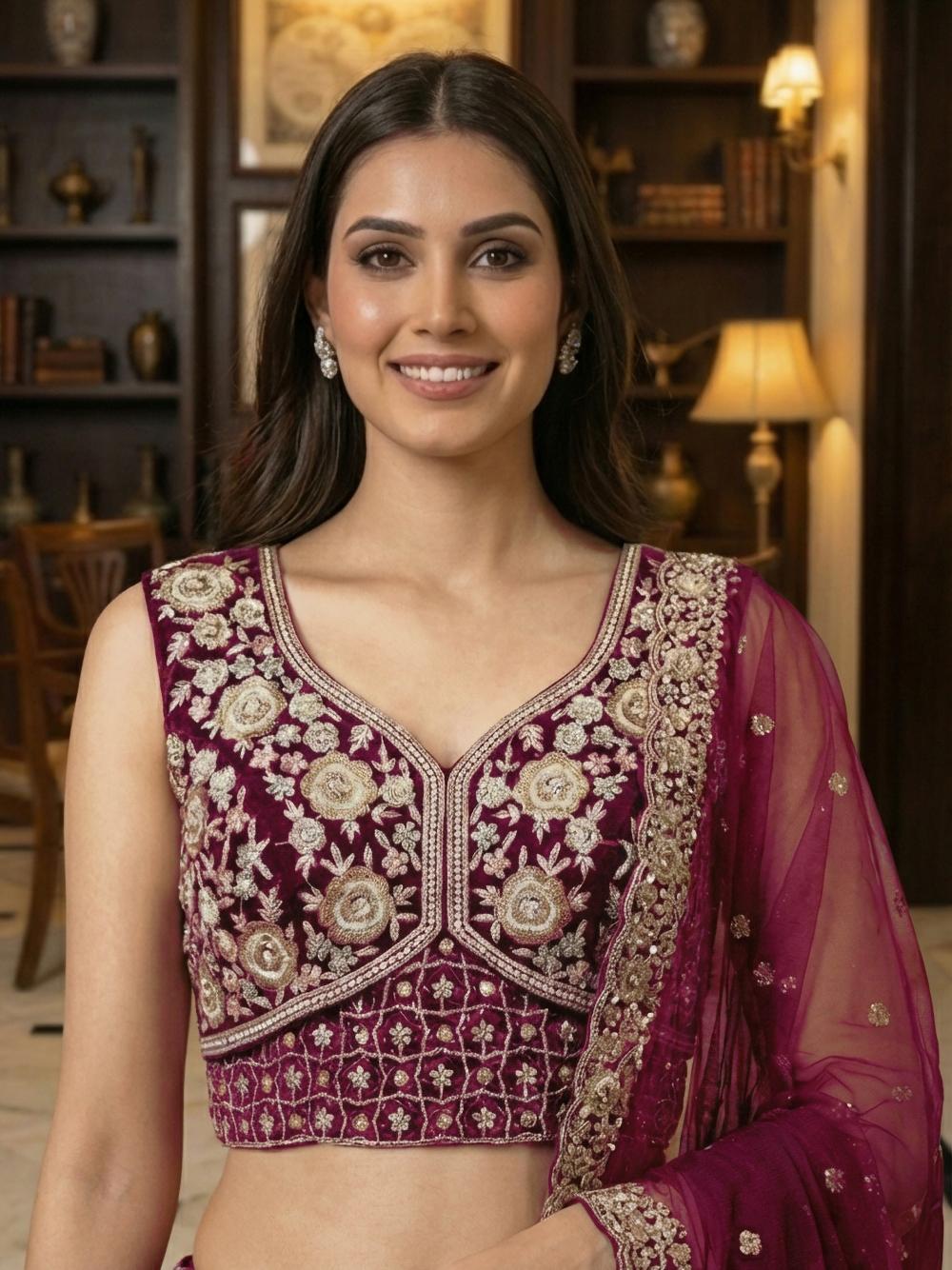 Burgundy Net Sequins Embroidered Lehenga Choli