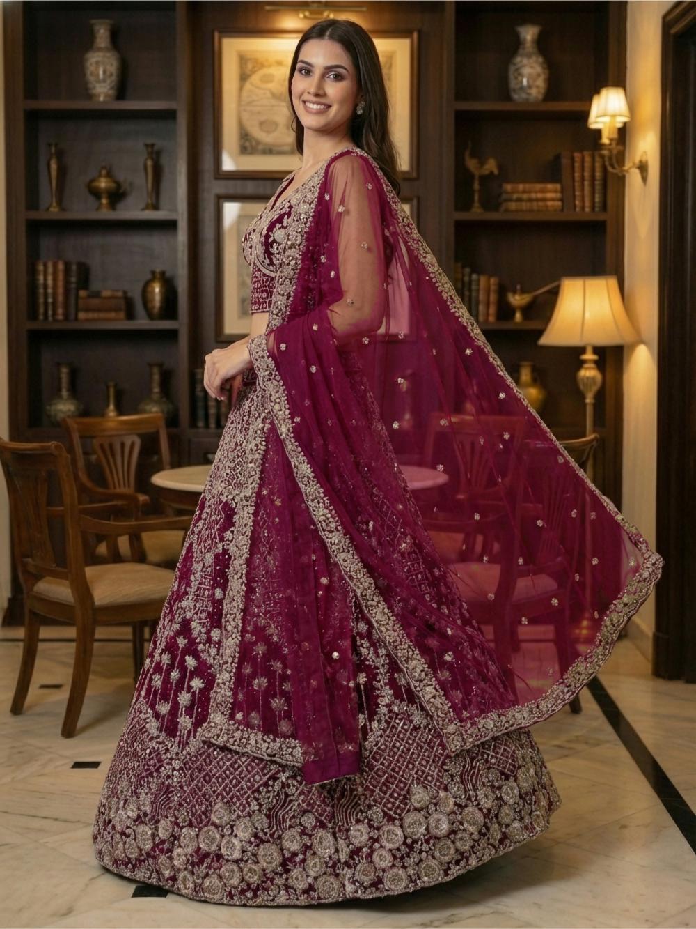 Burgundy Net Sequins Embroidered Lehenga Choli