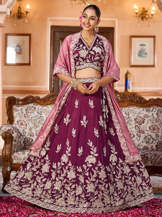 Burgundy Silk Embroidered Lehenga Choli