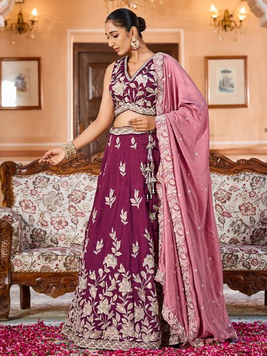 Burgundy Silk Embroidered Lehenga Choli