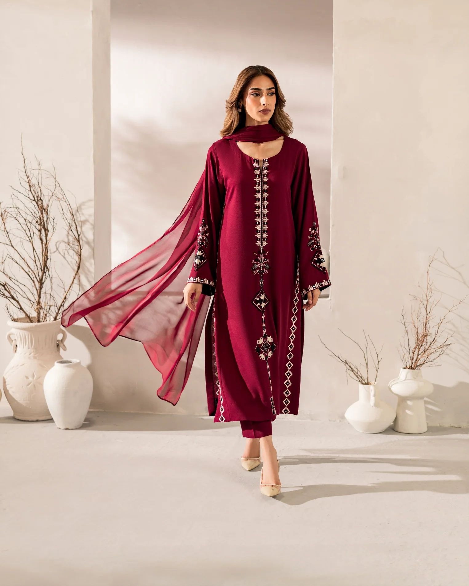 Burgundy Solid Designer Embroidery Chanderi Palazzo Suit