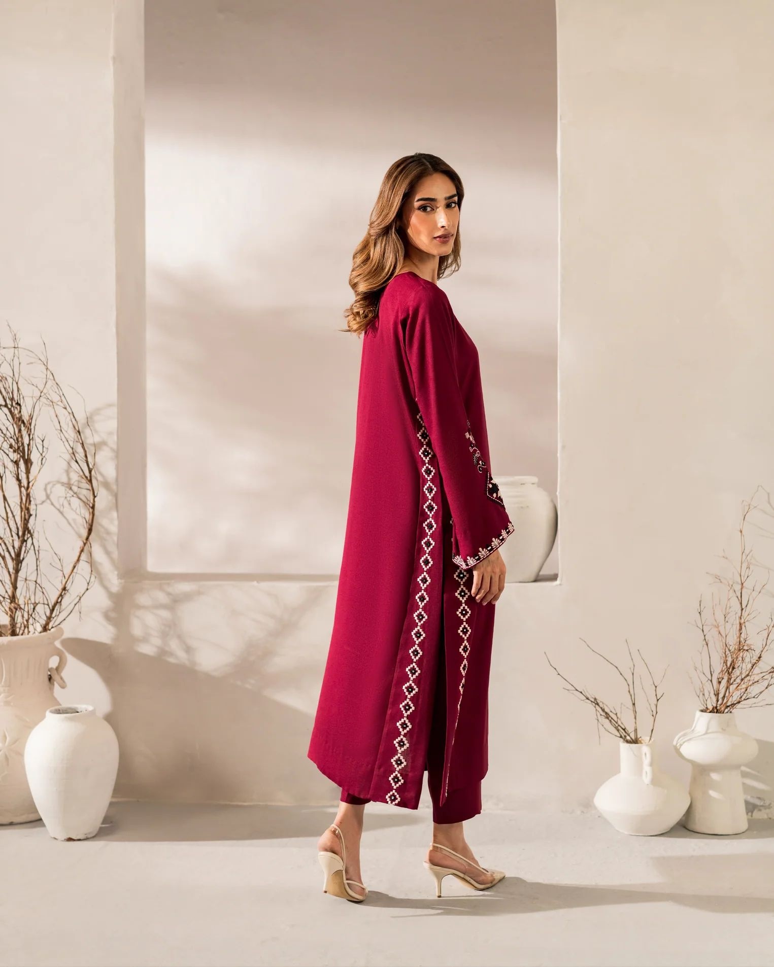 Burgundy Solid Designer Embroidery Chanderi Palazzo Suit — alternate view