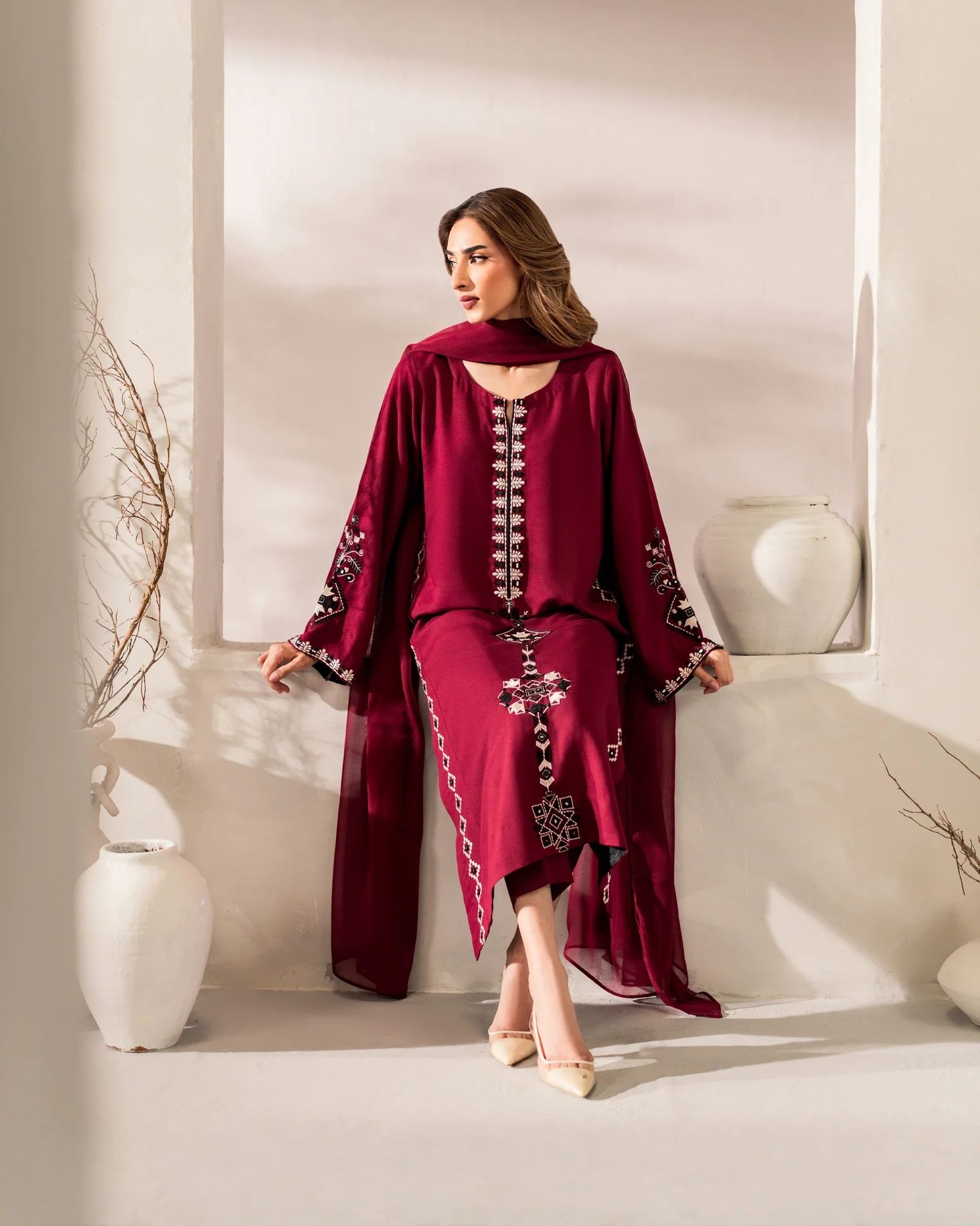 Burgundy Solid Designer Embroidery Chanderi Palazzo Suit