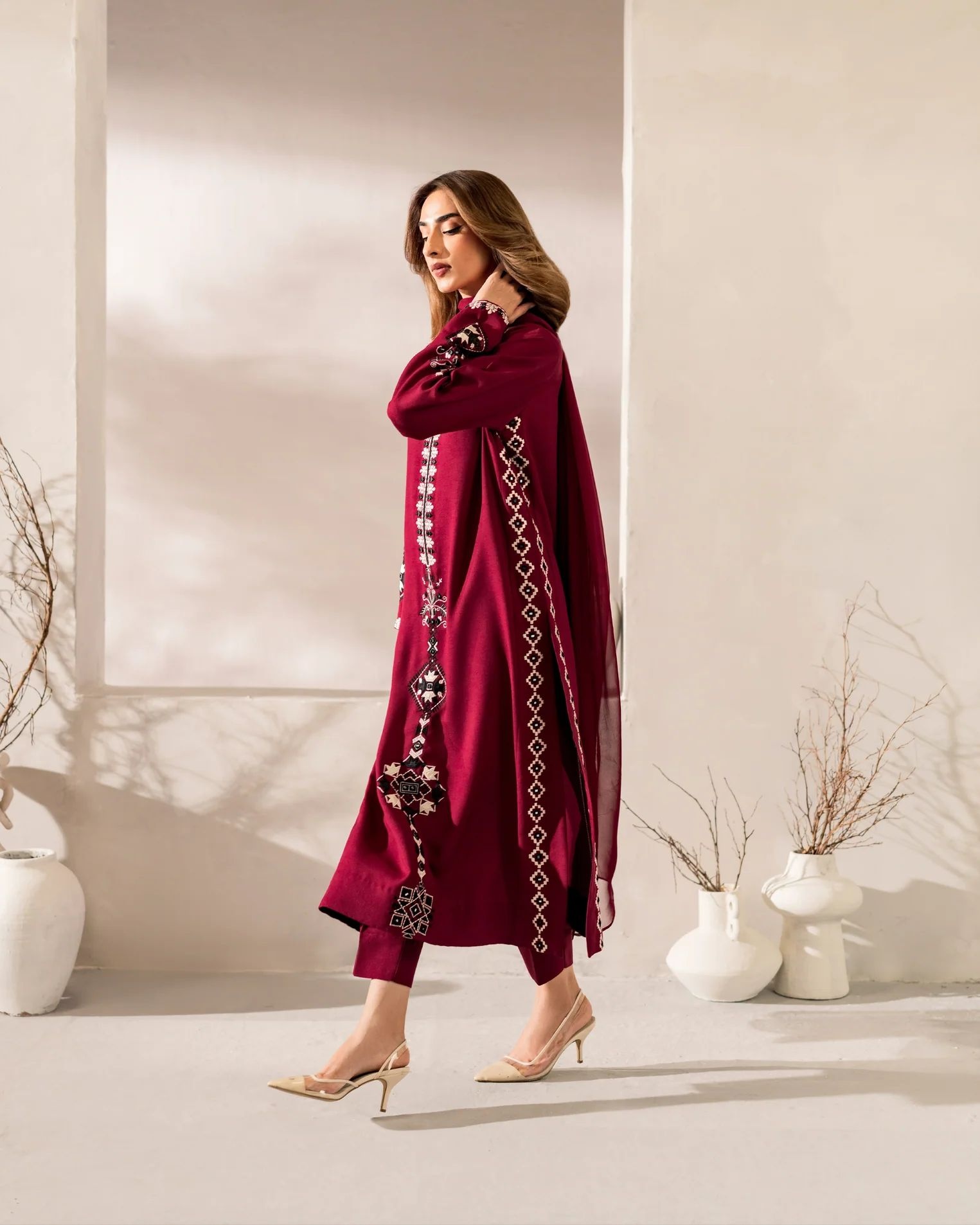 Burgundy Solid Designer Embroidery Chanderi Palazzo Suit