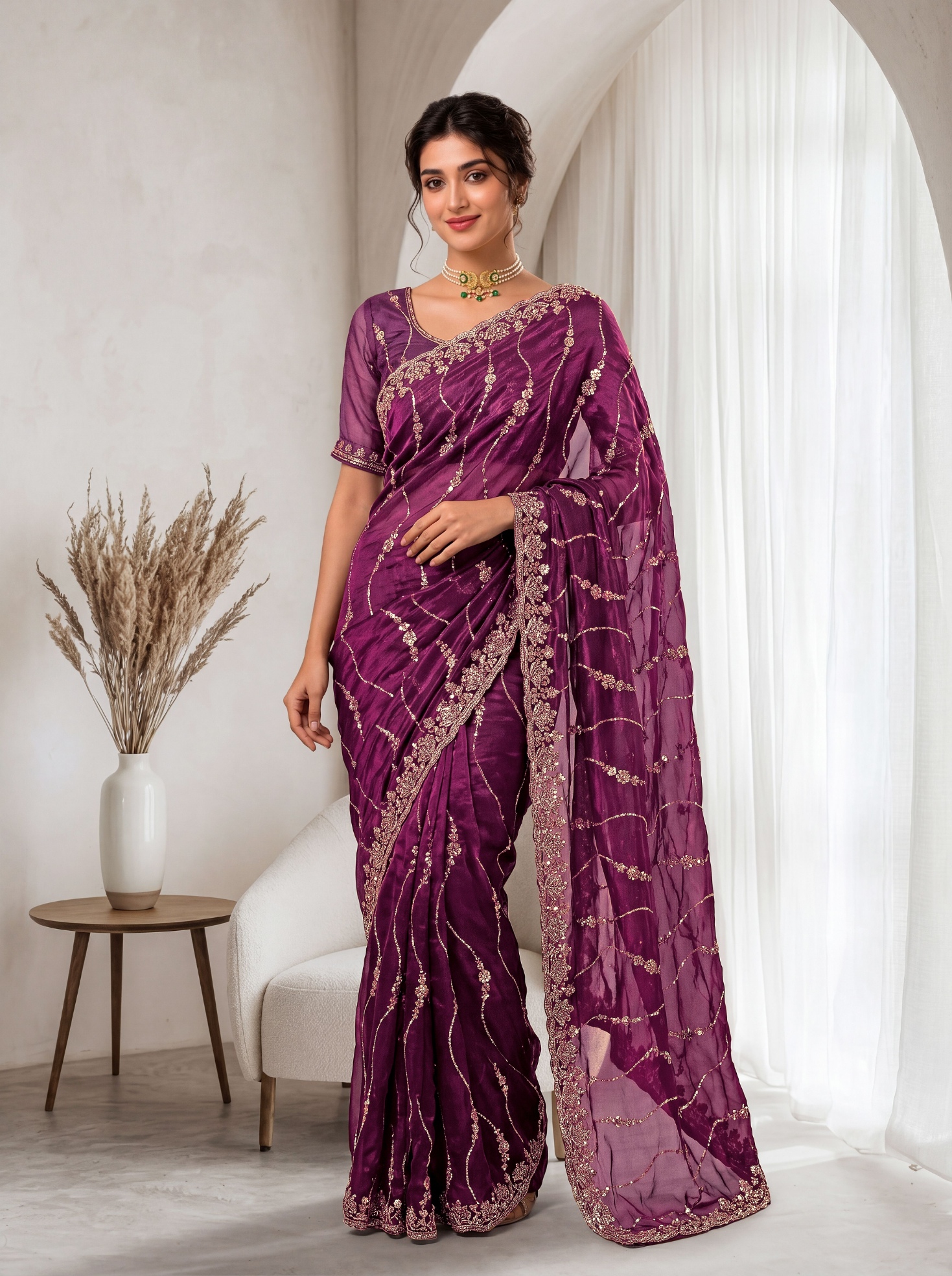Burgundy Wine Floral Sequin Embroidered Space Silk Saree