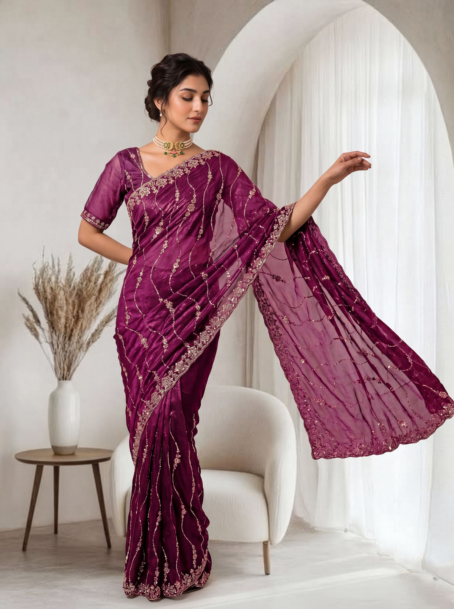 Burgundy Wine Floral Sequin Embroidered Space Silk Saree — alternate view