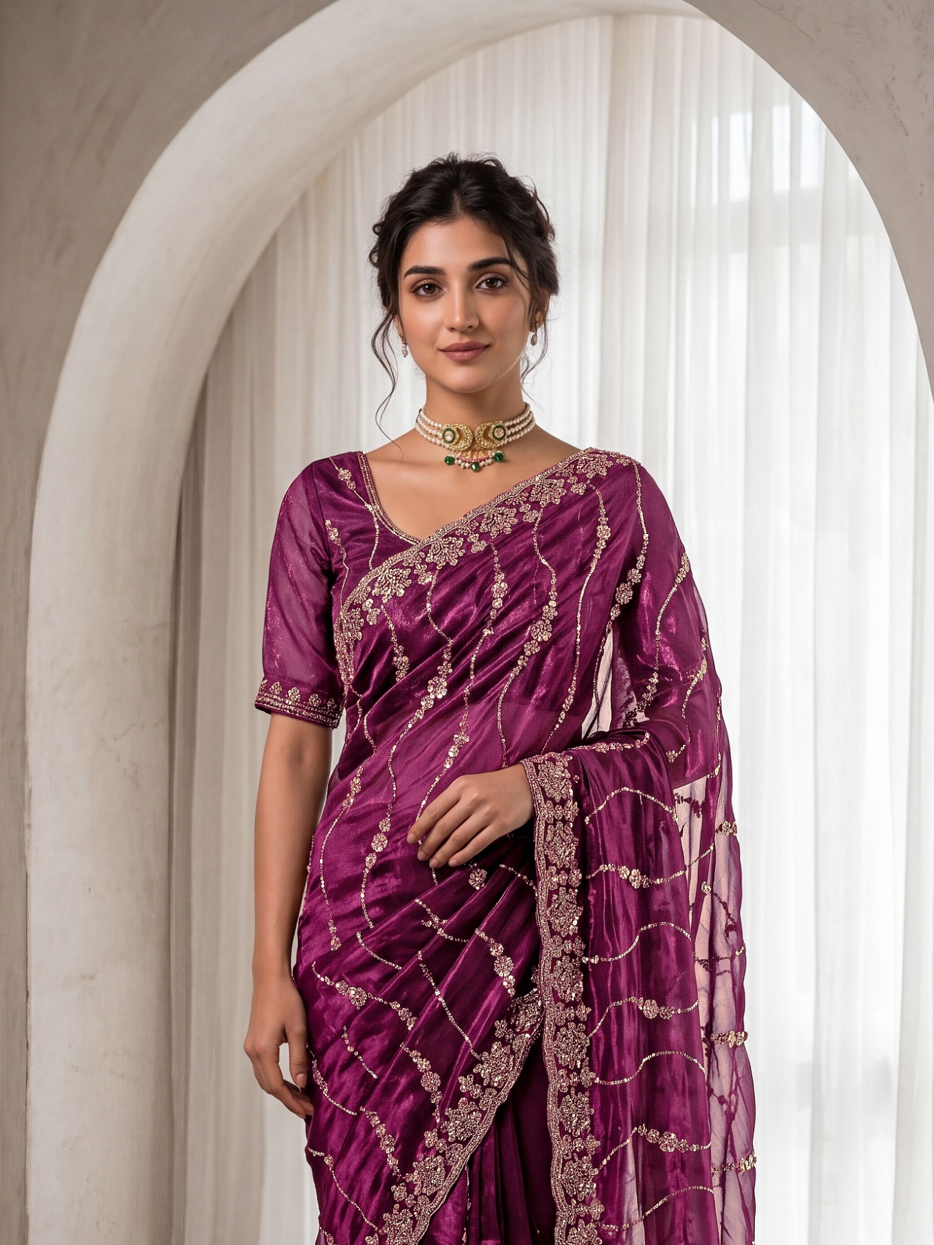 Burgundy Wine Floral Sequin Embroidered Space Silk Saree