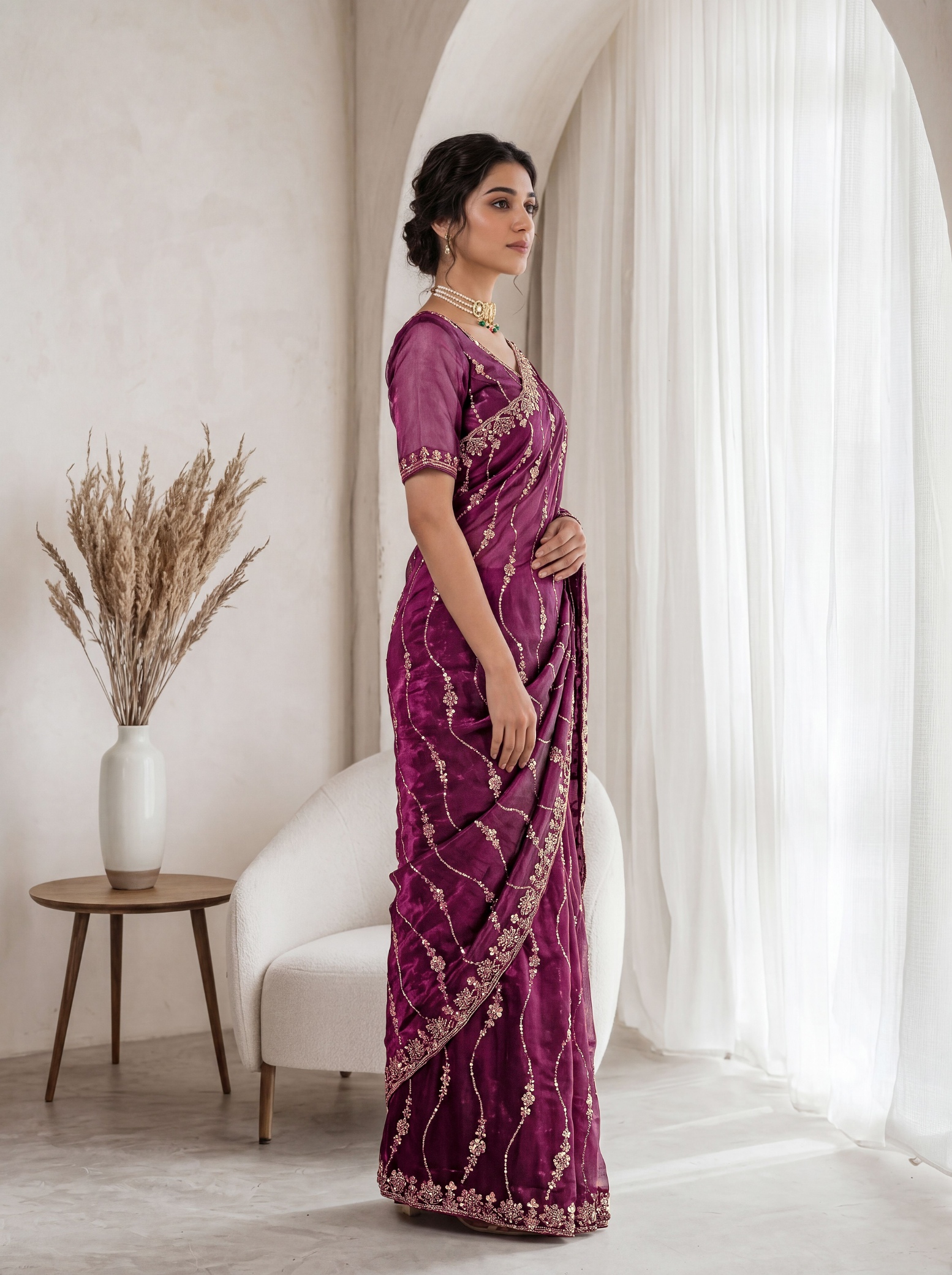 Burgundy Wine Floral Sequin Embroidered Space Silk Saree