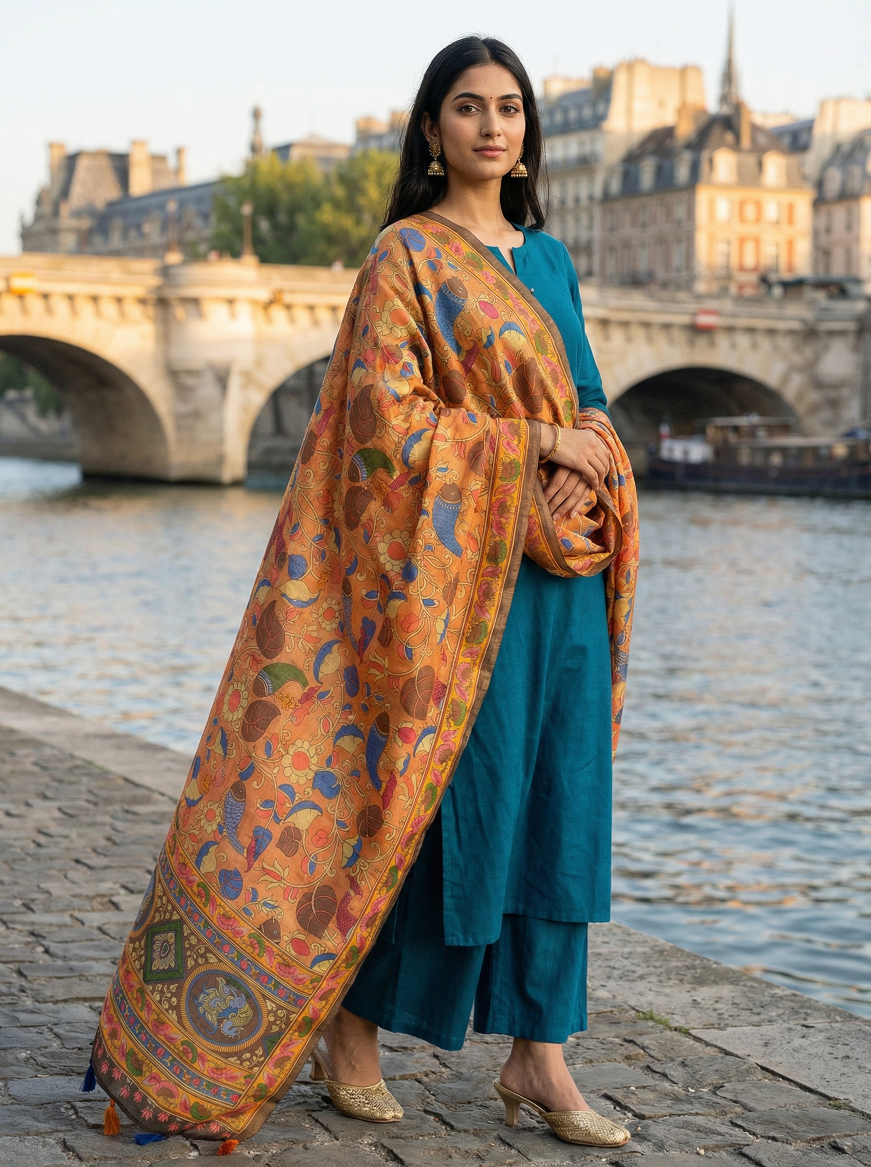 Burnt Orange Kalamkari Heritage Linen Silk Designer Dupatta
