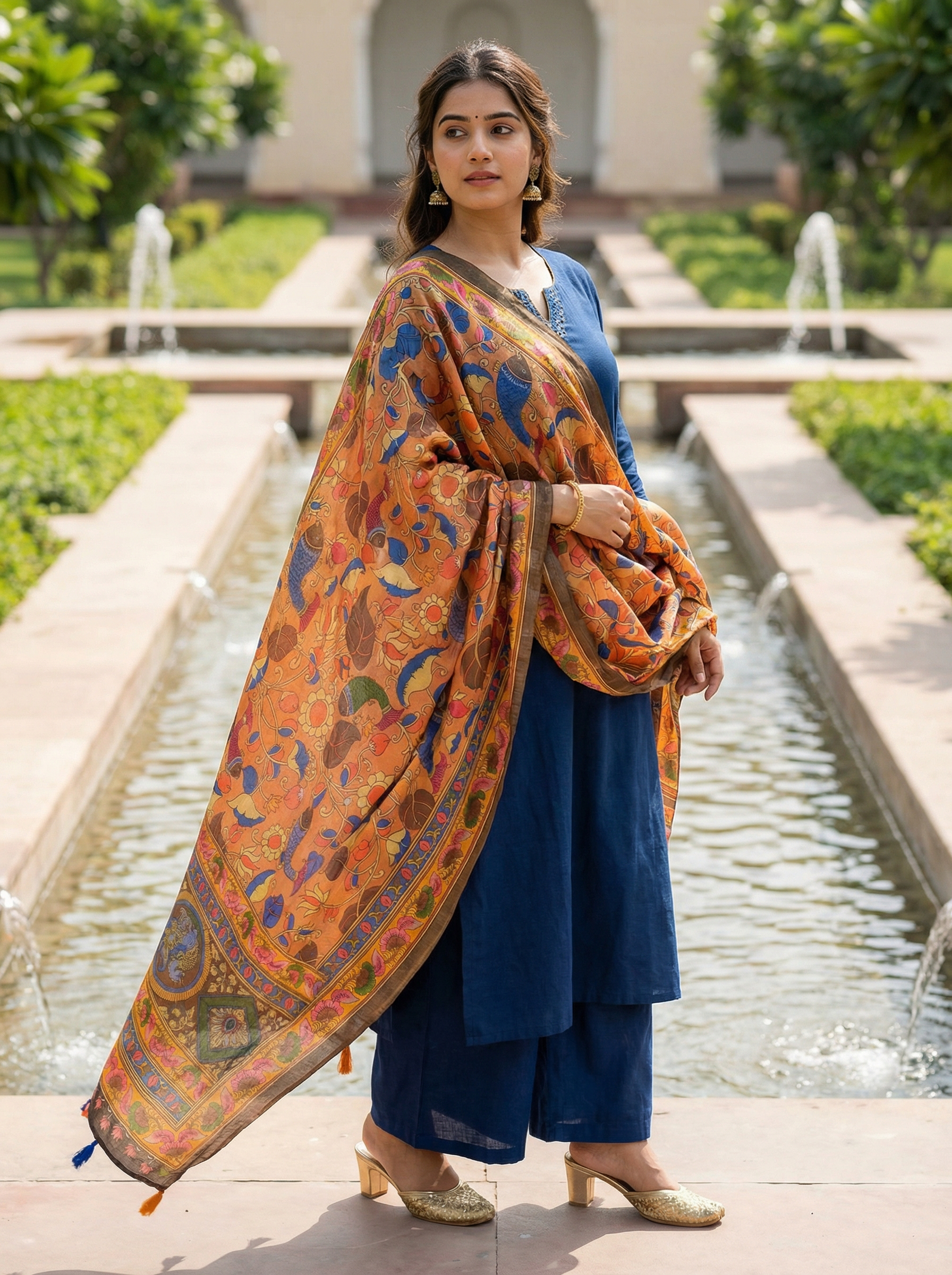 Burnt Orange Kalamkari Heritage Linen Silk Designer Dupatta — alternate view