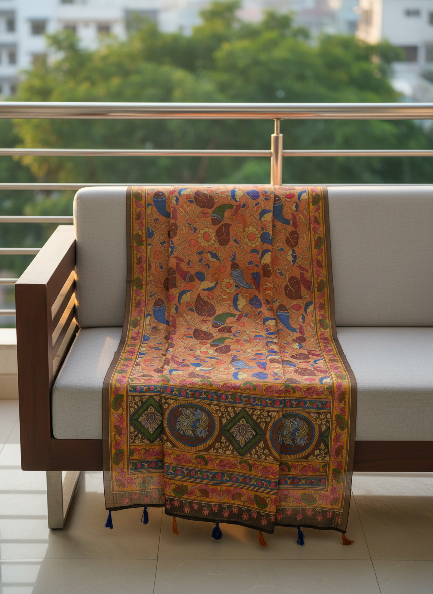 Burnt Orange Kalamkari Heritage Linen Silk Designer Dupatta