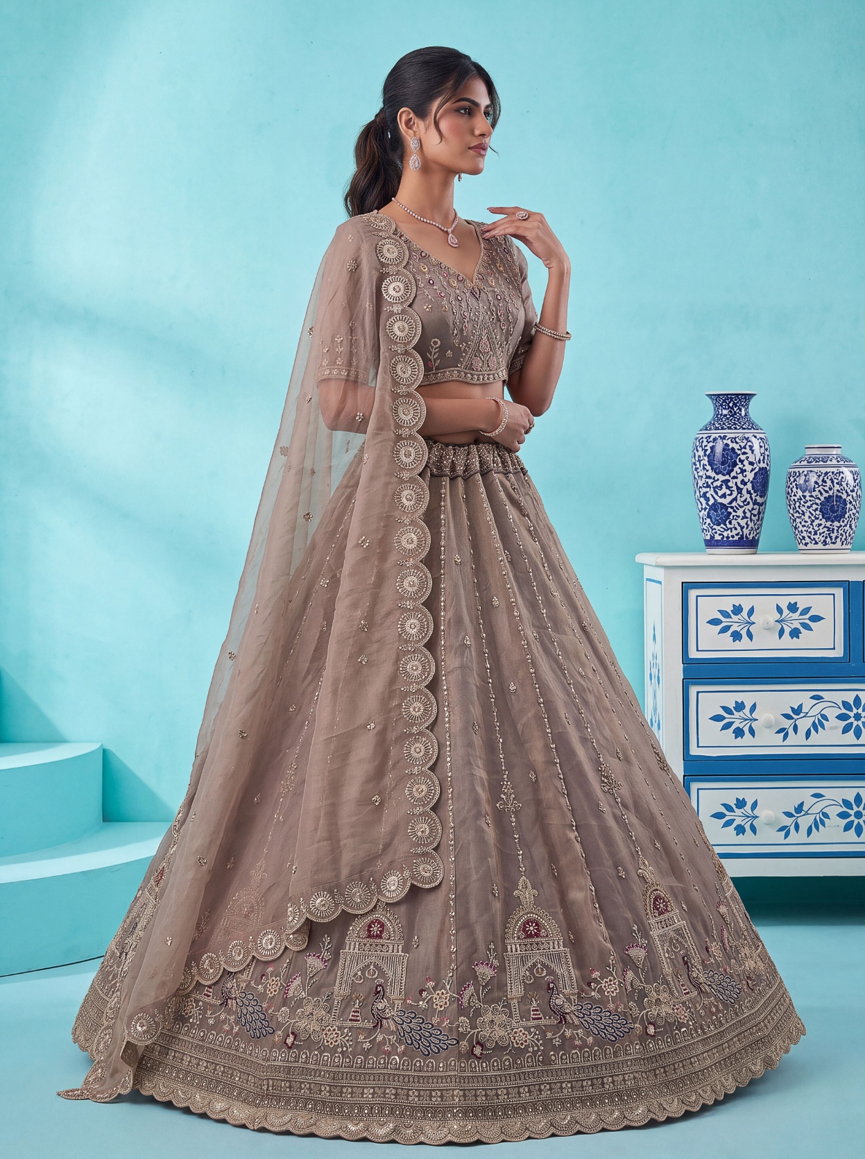 Cadet Peacock Zari Silk Bridal Lehenga