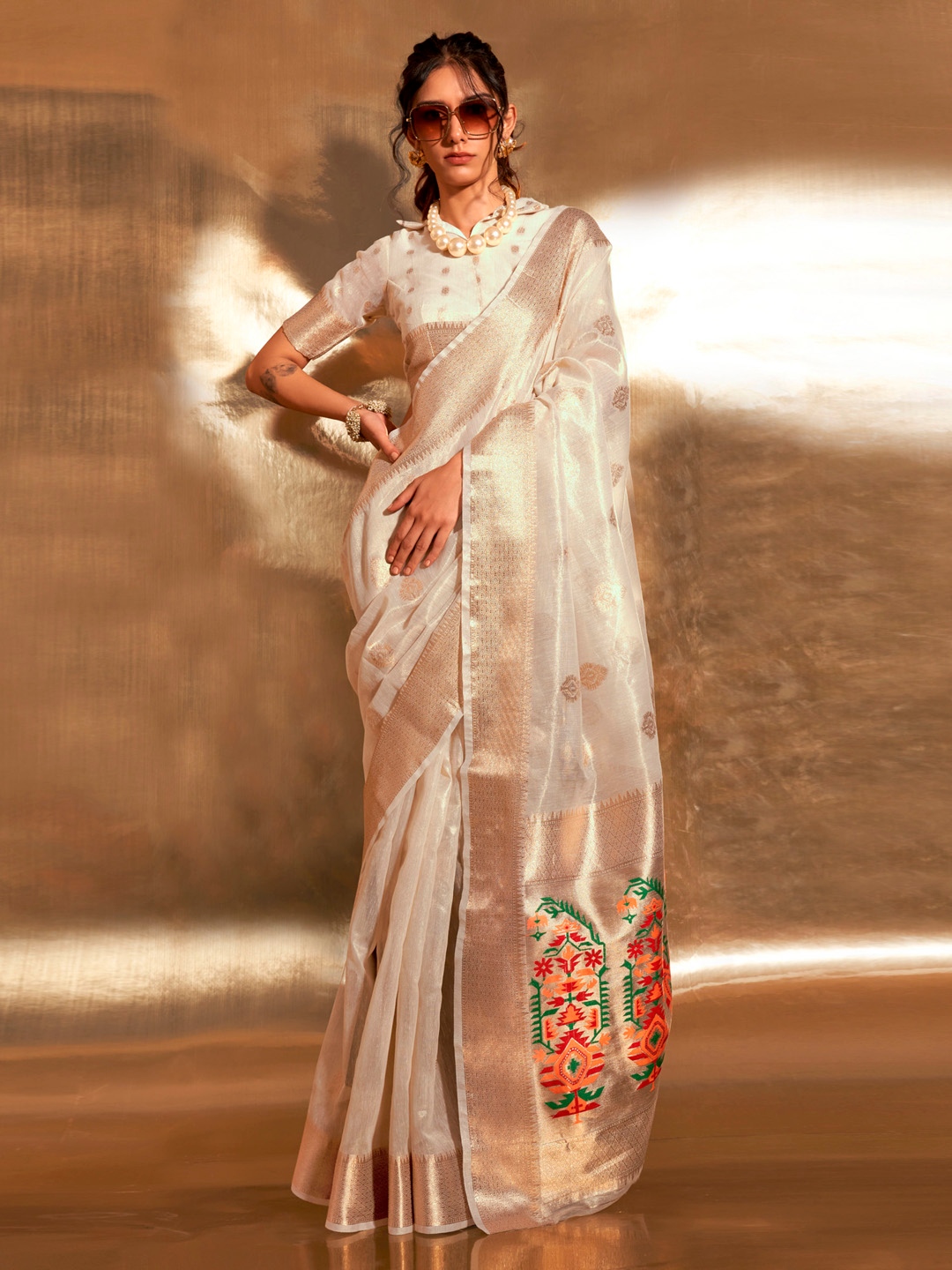 Celestine Cream Tissue Silk Saree