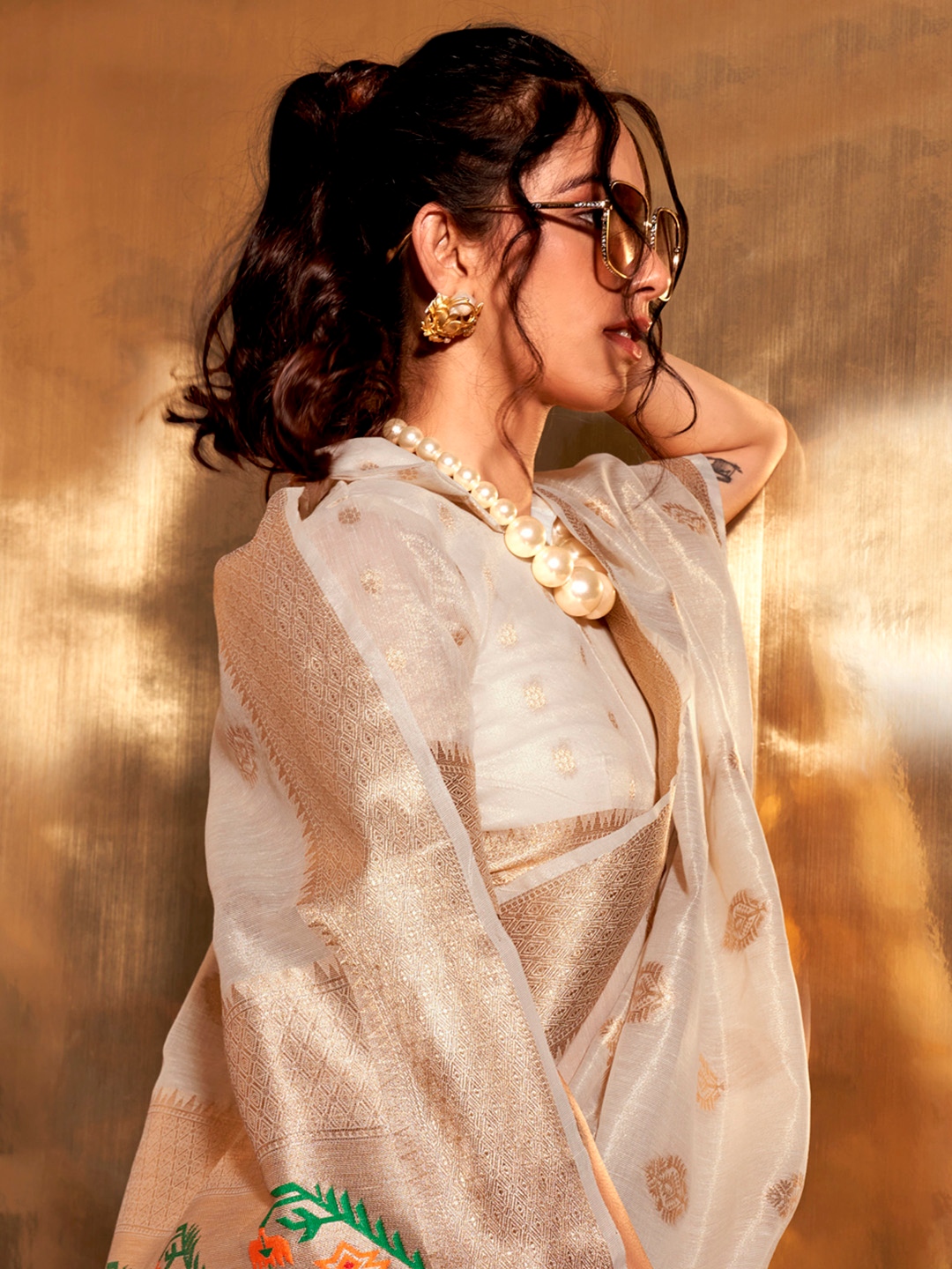 Celestine Cream Tissue Silk Saree