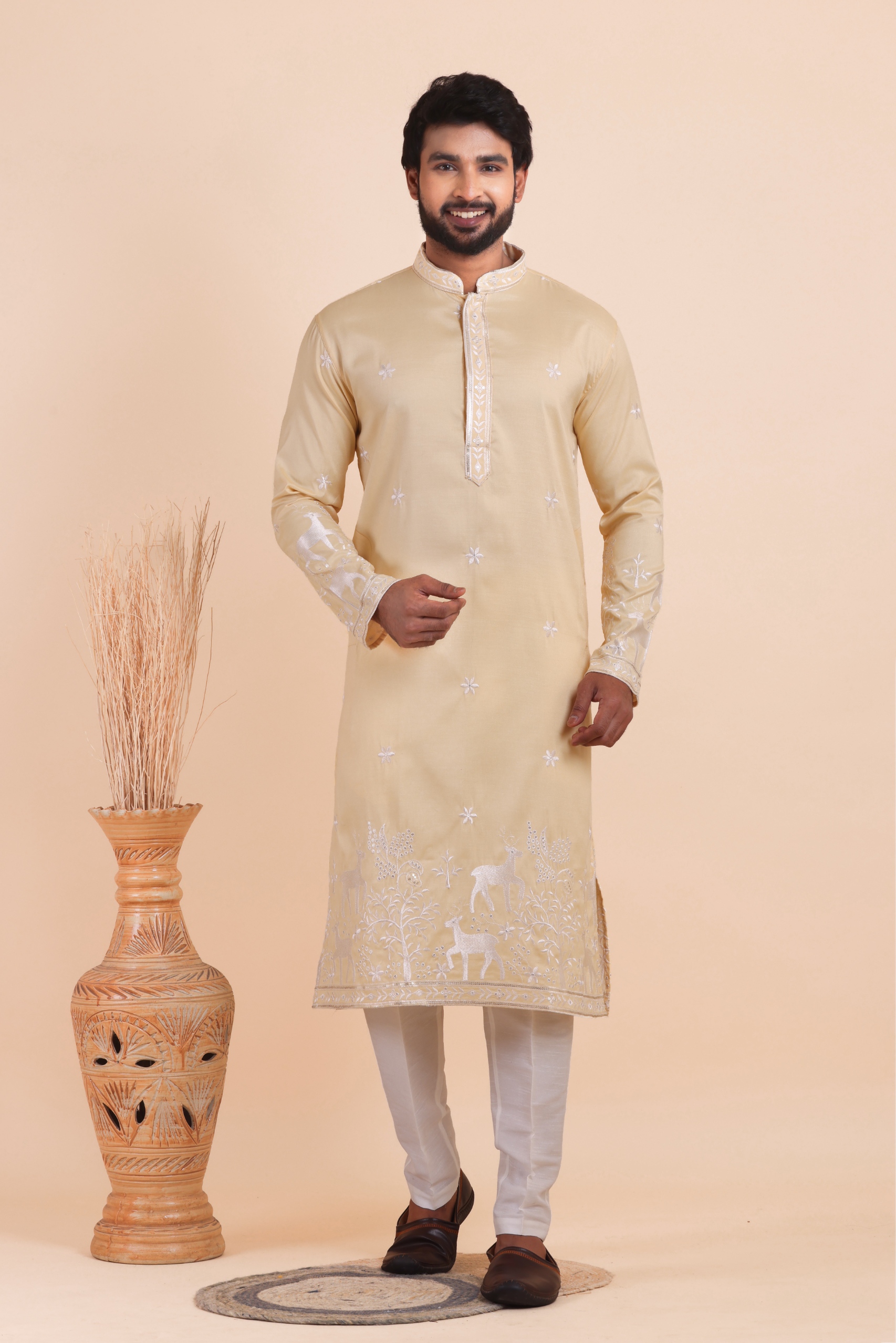 Champagne Beige Deer Embroidered Silk Kurta Trouser Set