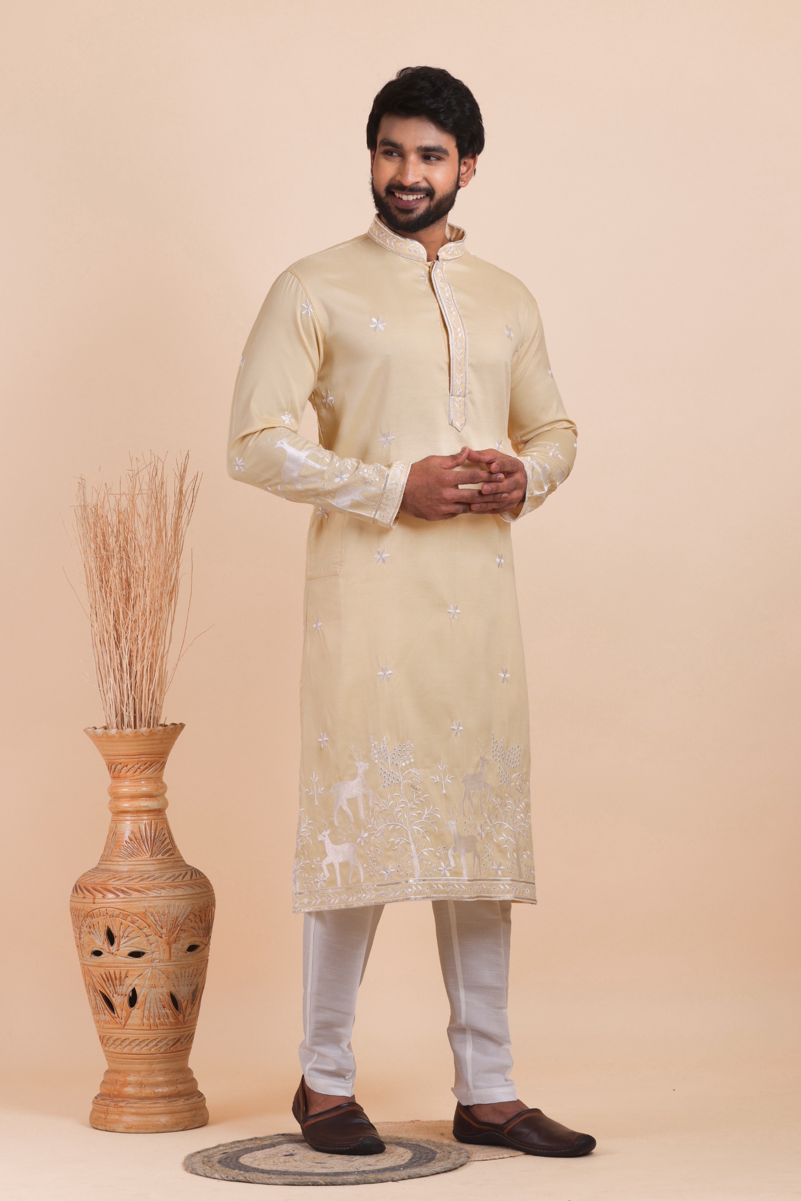Champagne Beige Deer Embroidered Silk Kurta Trouser Set