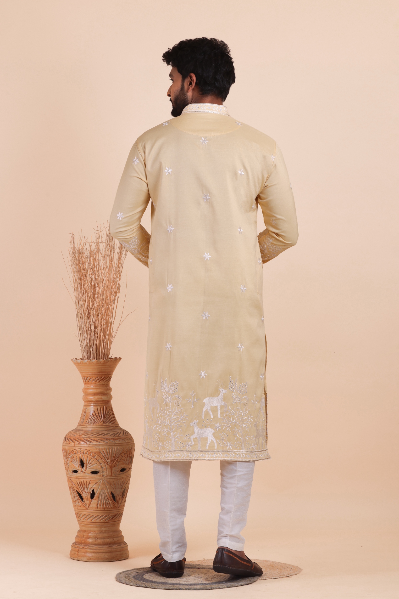 Champagne Beige Embroidered Viscose Silk Kurta Trouser — alternate view