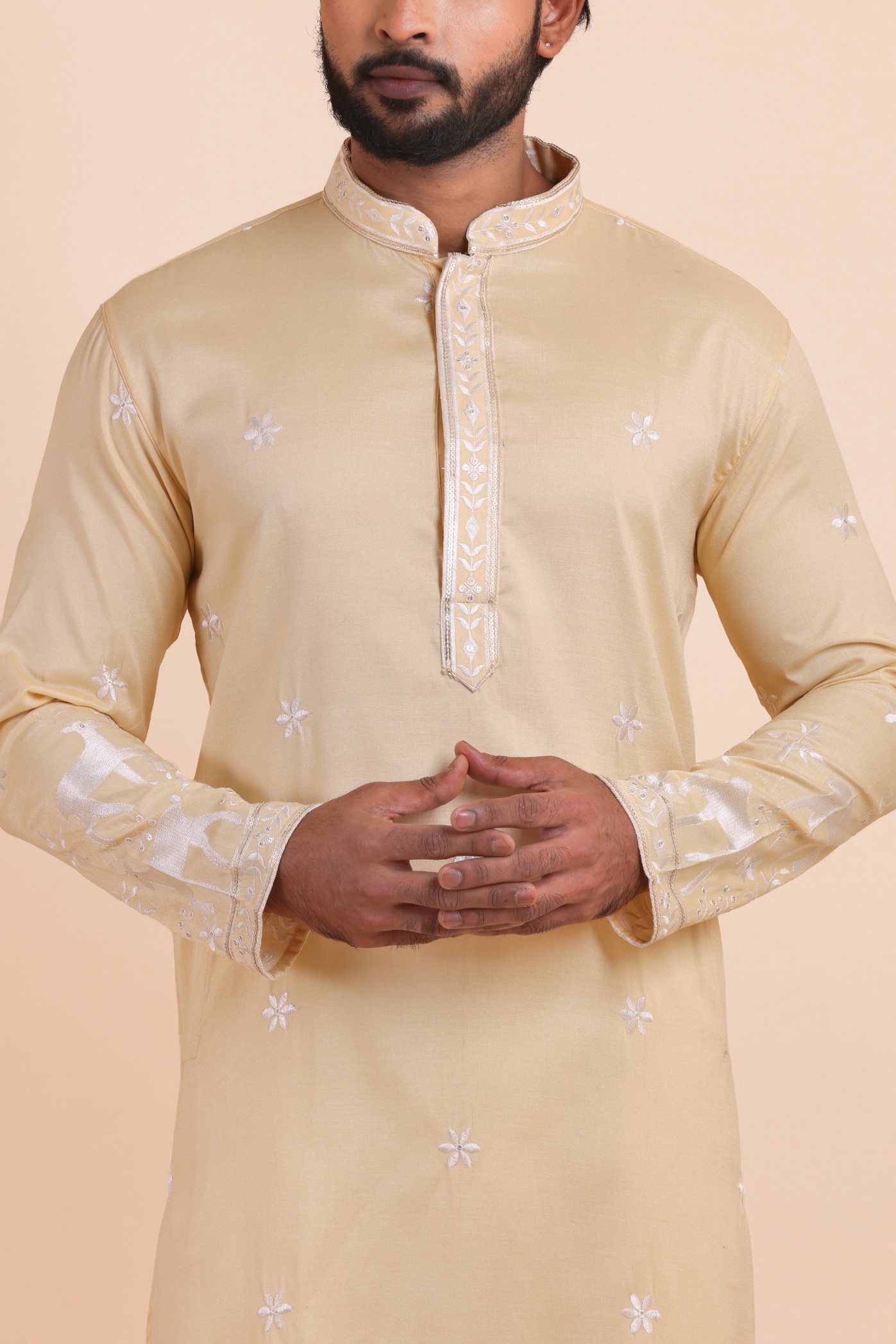 Champagne Beige Embroidered Viscose Silk Kurta Trouser
