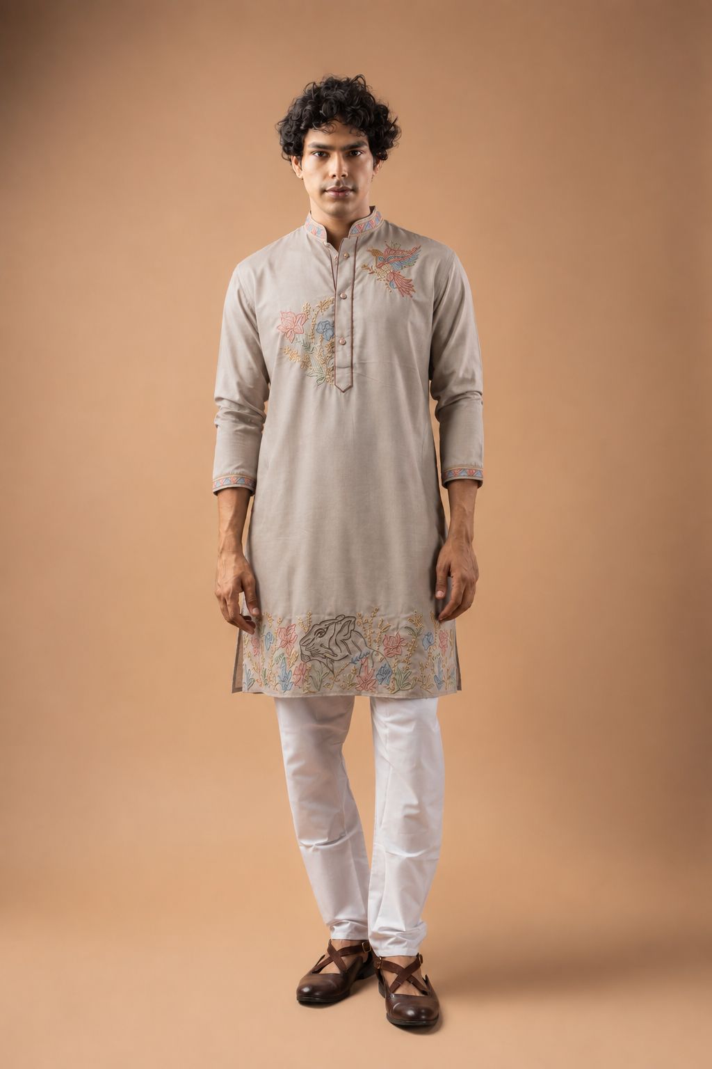 Champagne Beige Floral Embroidery Viscose Silk Kurta Set