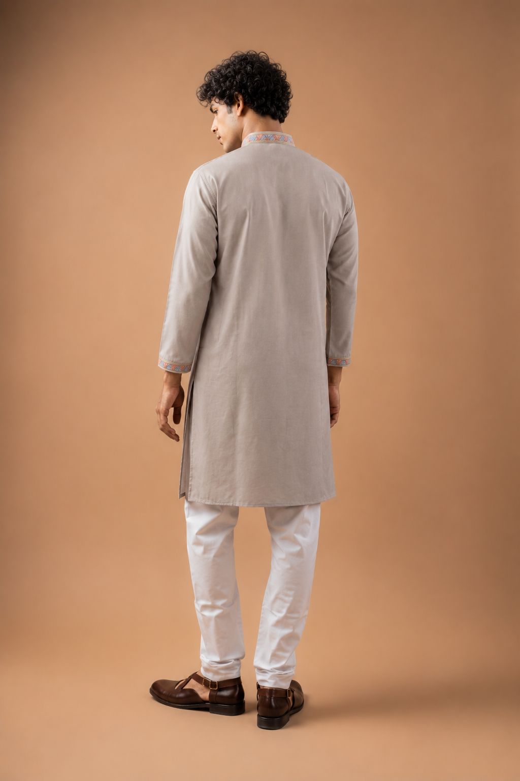 Champagne Beige Floral Embroidery Viscose Silk Kurta Set — alternate view