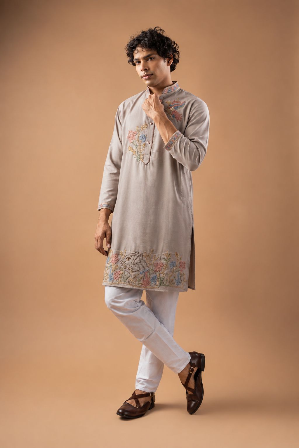 Champagne Beige Floral Embroidery Viscose Silk Kurta Set