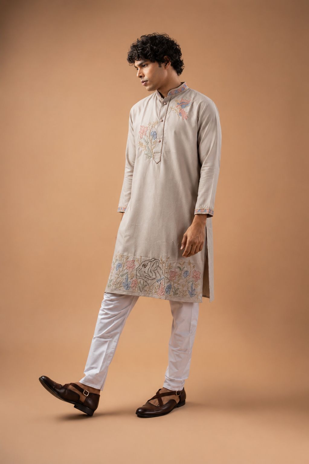 Champagne Beige Floral Embroidery Viscose Silk Kurta Set