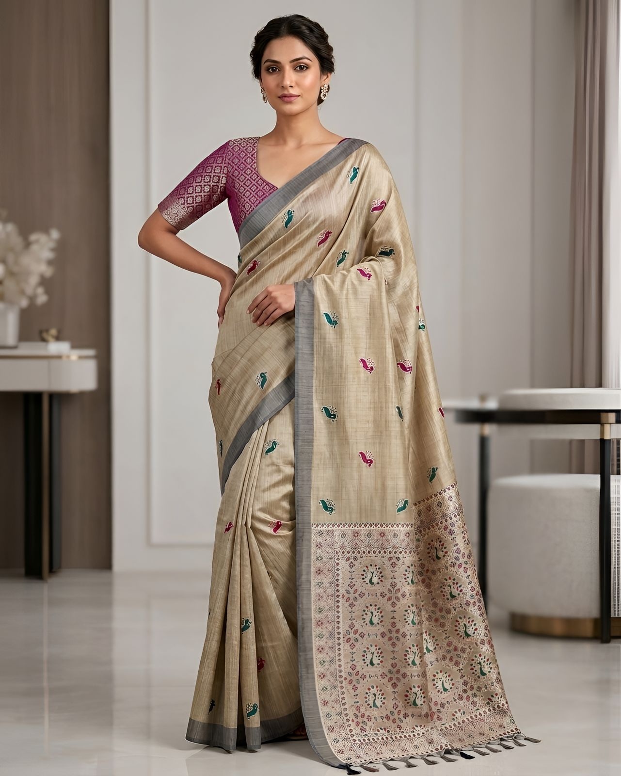 Champagne Heritage Paisley Woven Saree