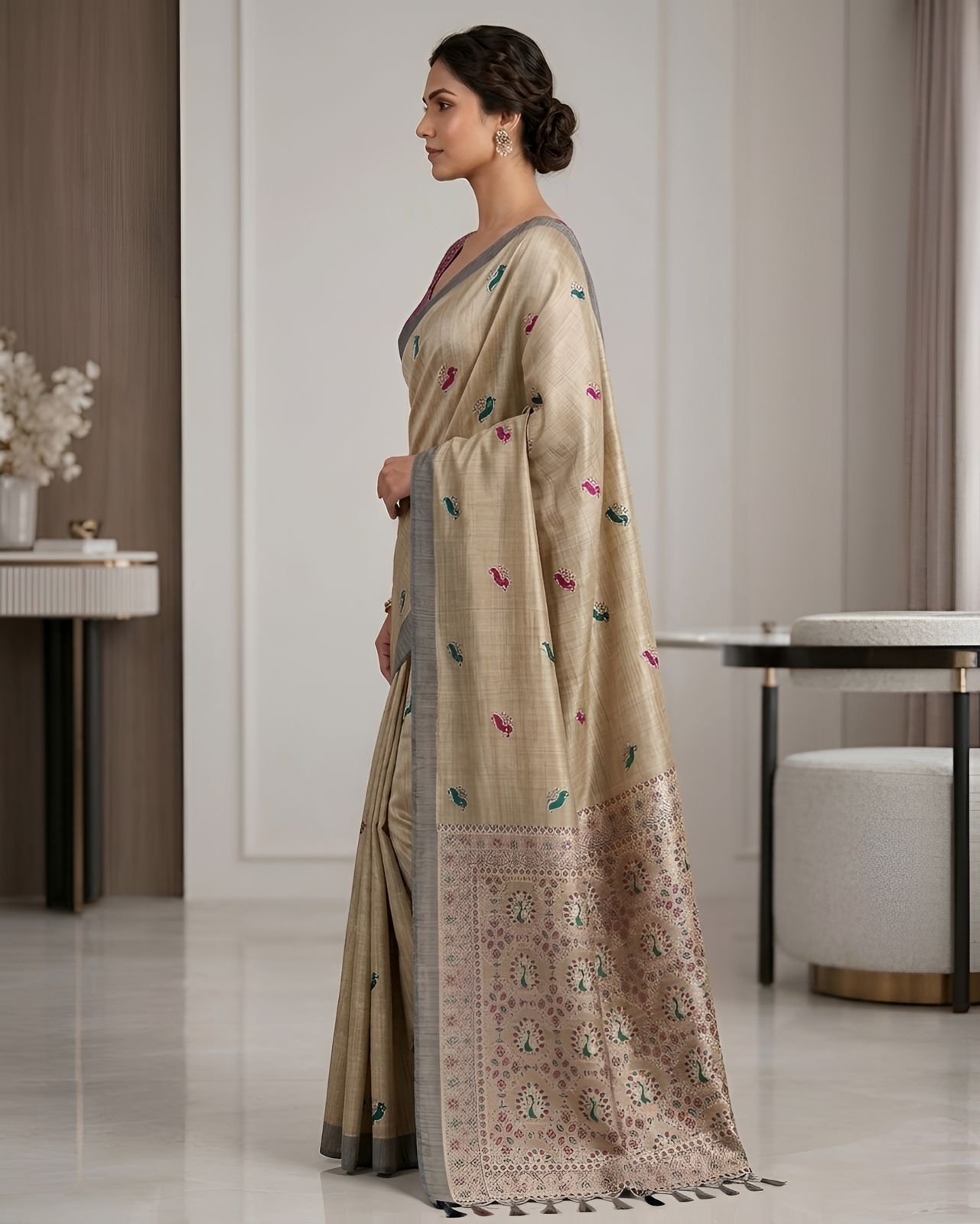 Champagne Heritage Paisley Woven Saree — alternate view