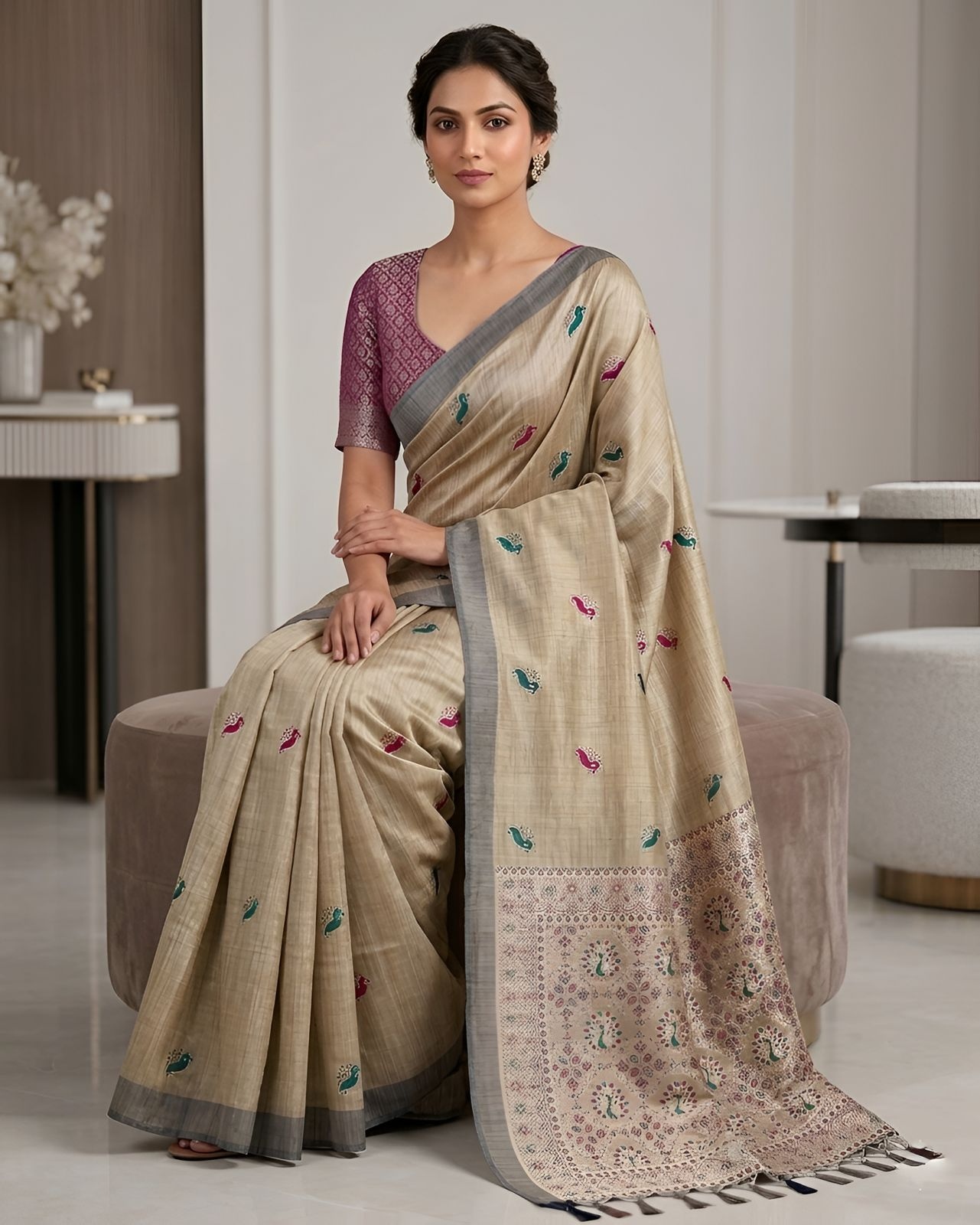 Champagne Heritage Paisley Woven Saree