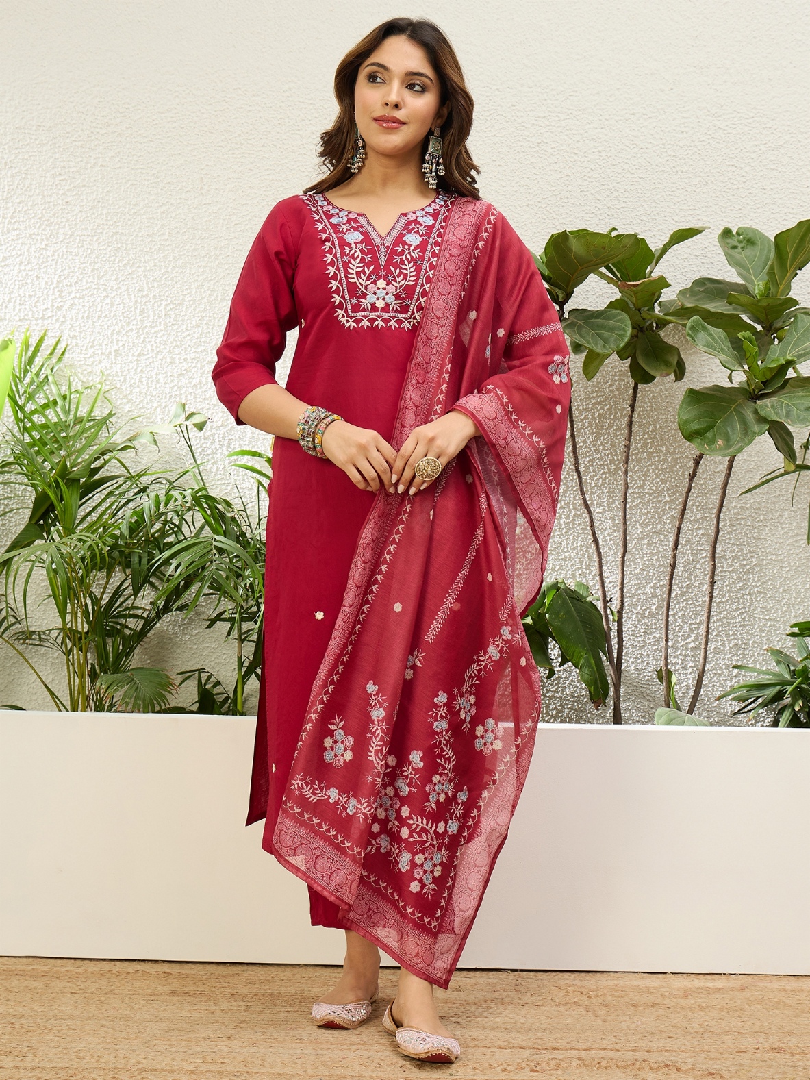 Cherry Contemporary Embroidered Roman Silk Kurta Set