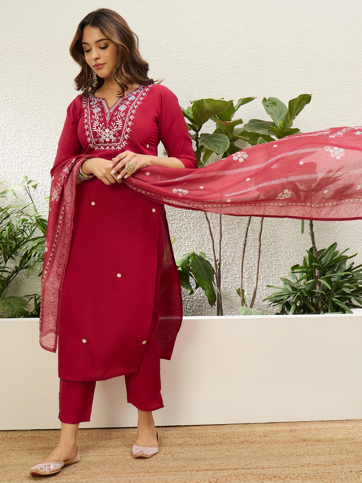 Cherry Contemporary Embroidered Roman Silk Kurta Set