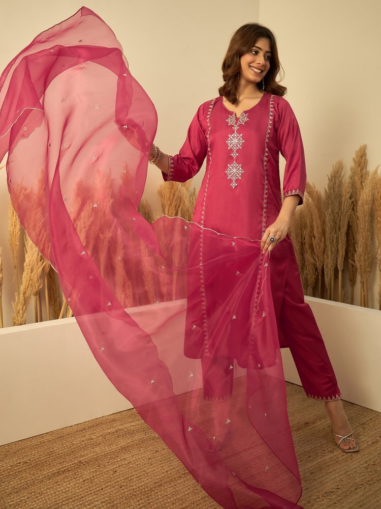 Cherry Embroidered Zora Silk Straight Suit