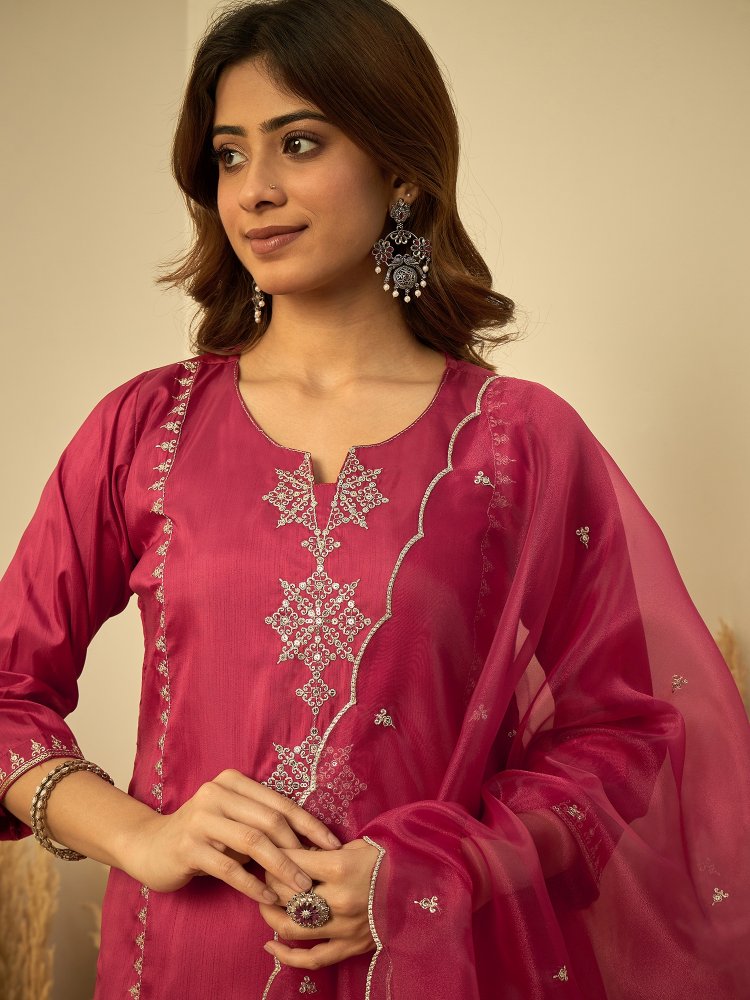 Cherry Embroidered Zora Silk Straight Suit
