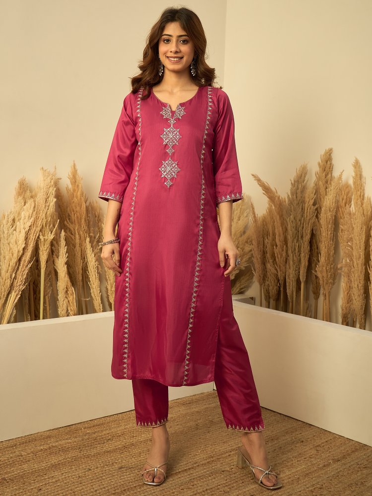 Cherry Embroidered Zora Silk Straight Suit