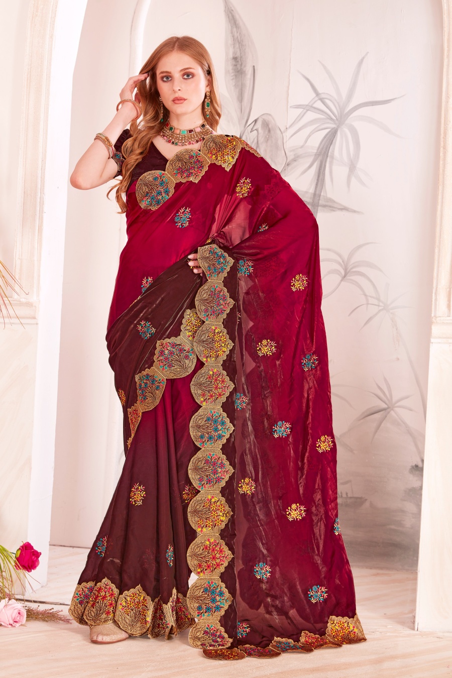 Cherry Fendi Satin Silk Two Tone Shaded Zari and Resham Embroidered Saree