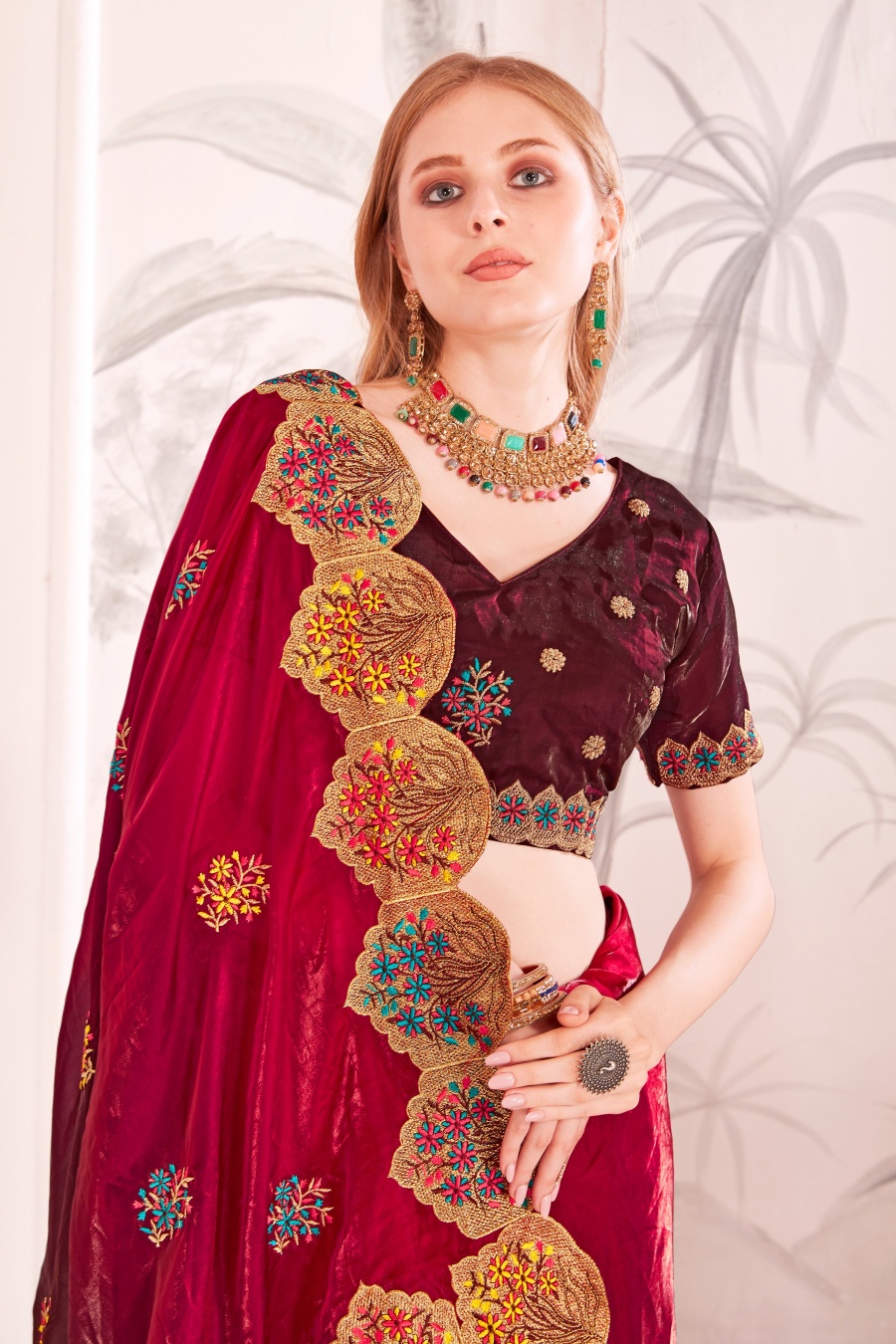 Cherry Fendi Satin Silk Two Tone Shaded Zari and Resham Embroidered Saree — alternate view