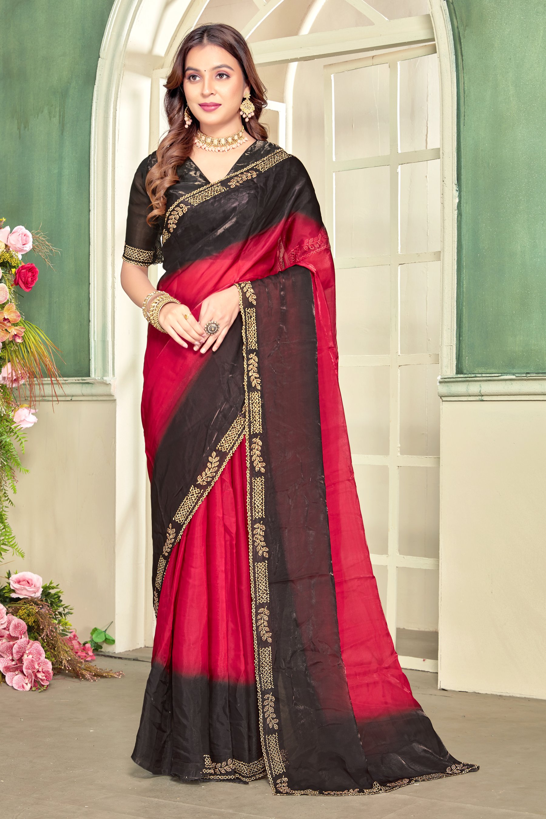 Cherry Fendy Satin Silk Zircon Border Saree