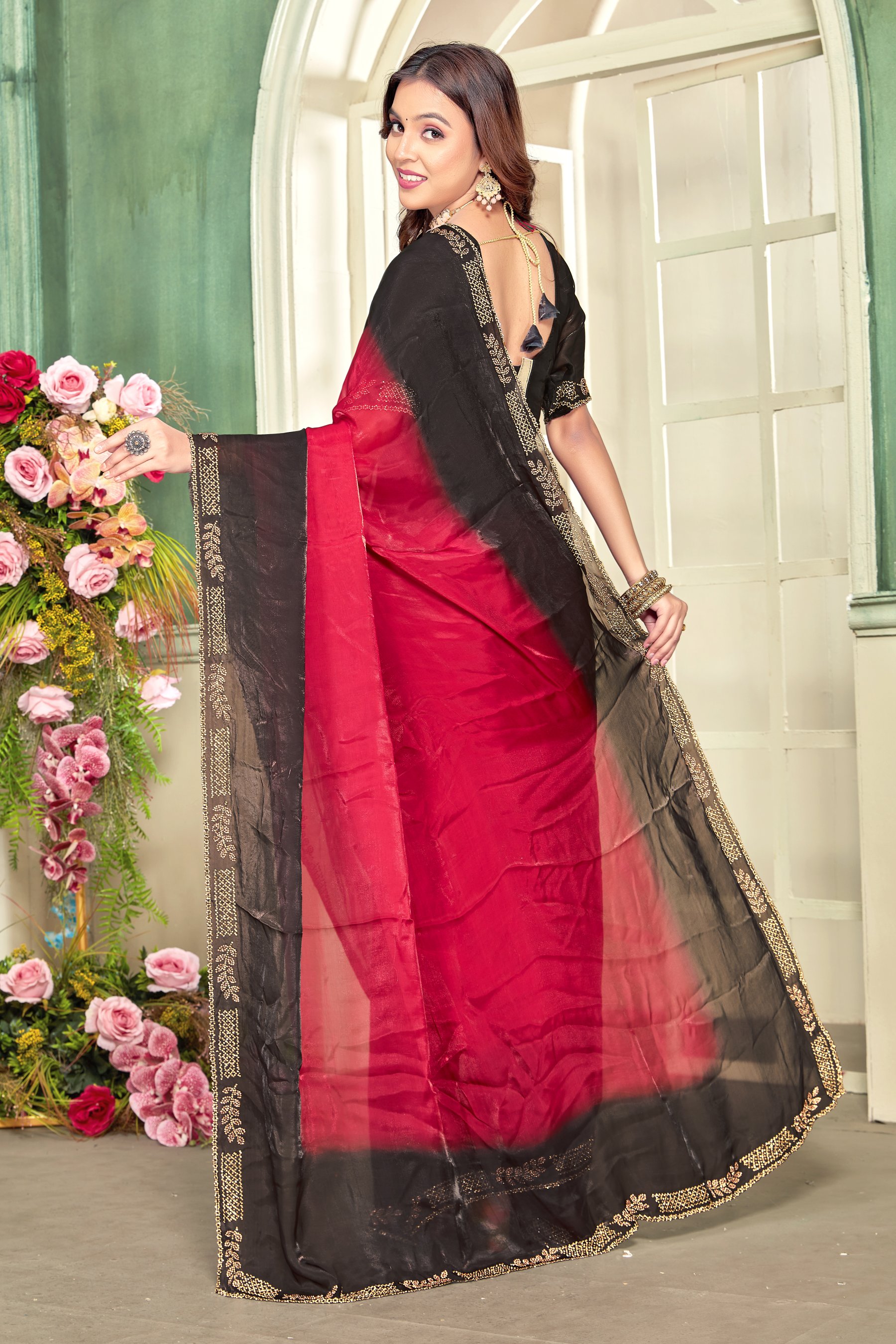 Cherry Fendy Satin Silk Zircon Border Saree — alternate view