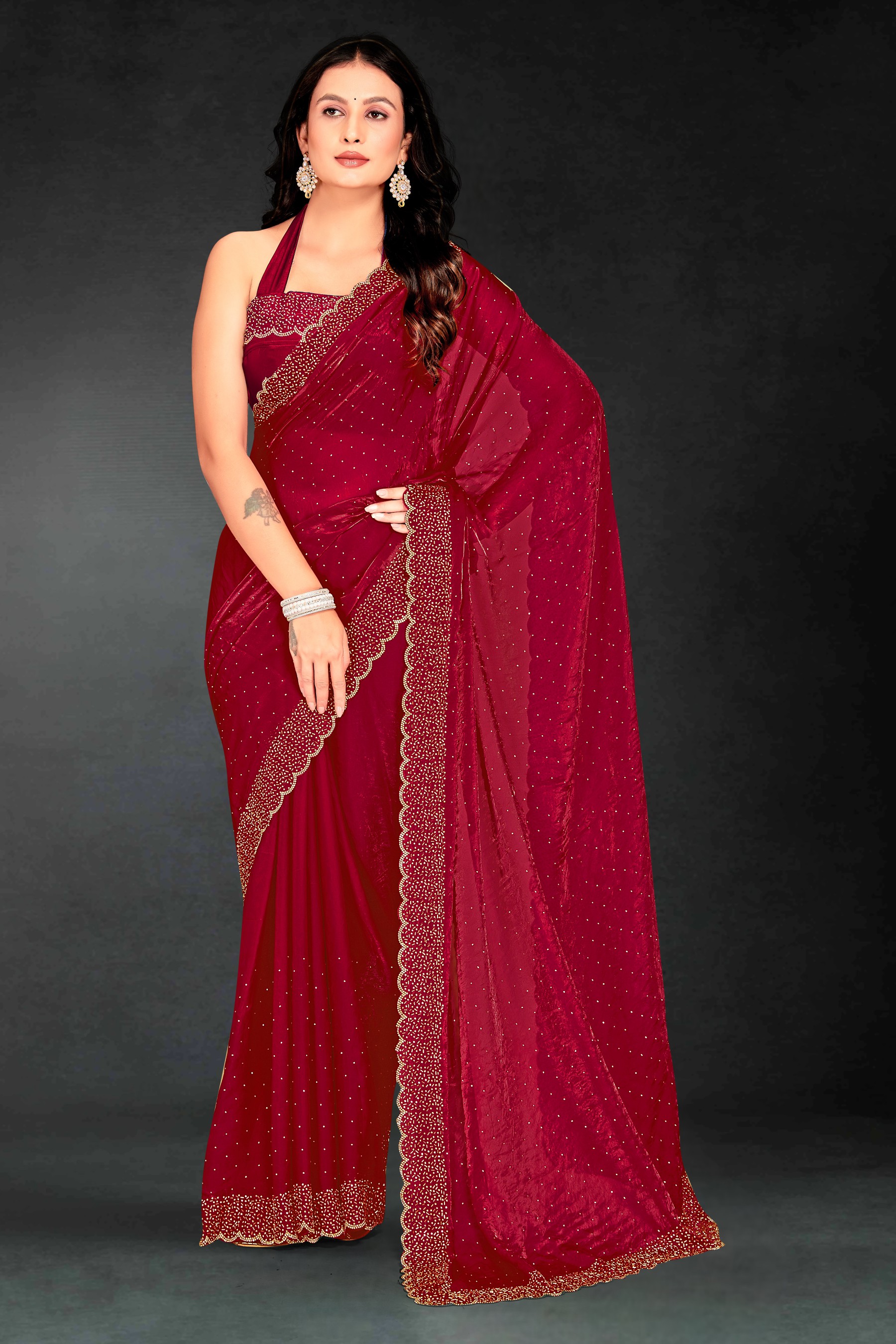 Cherry Fendy Silk Two Tone Zircon Celebration Saree
