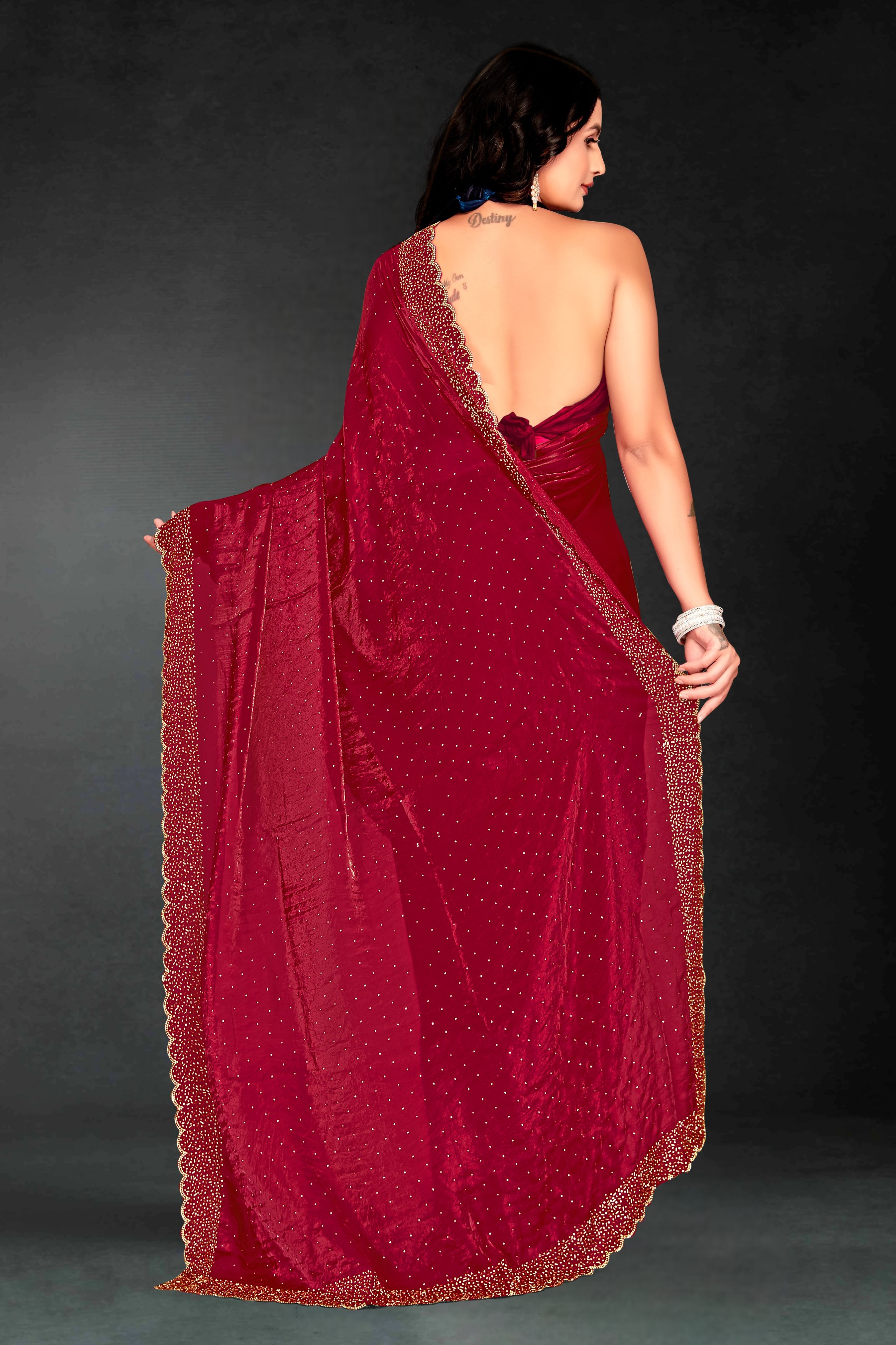Cherry Fendy Silk Two Tone Zircon Celebration Saree — alternate view