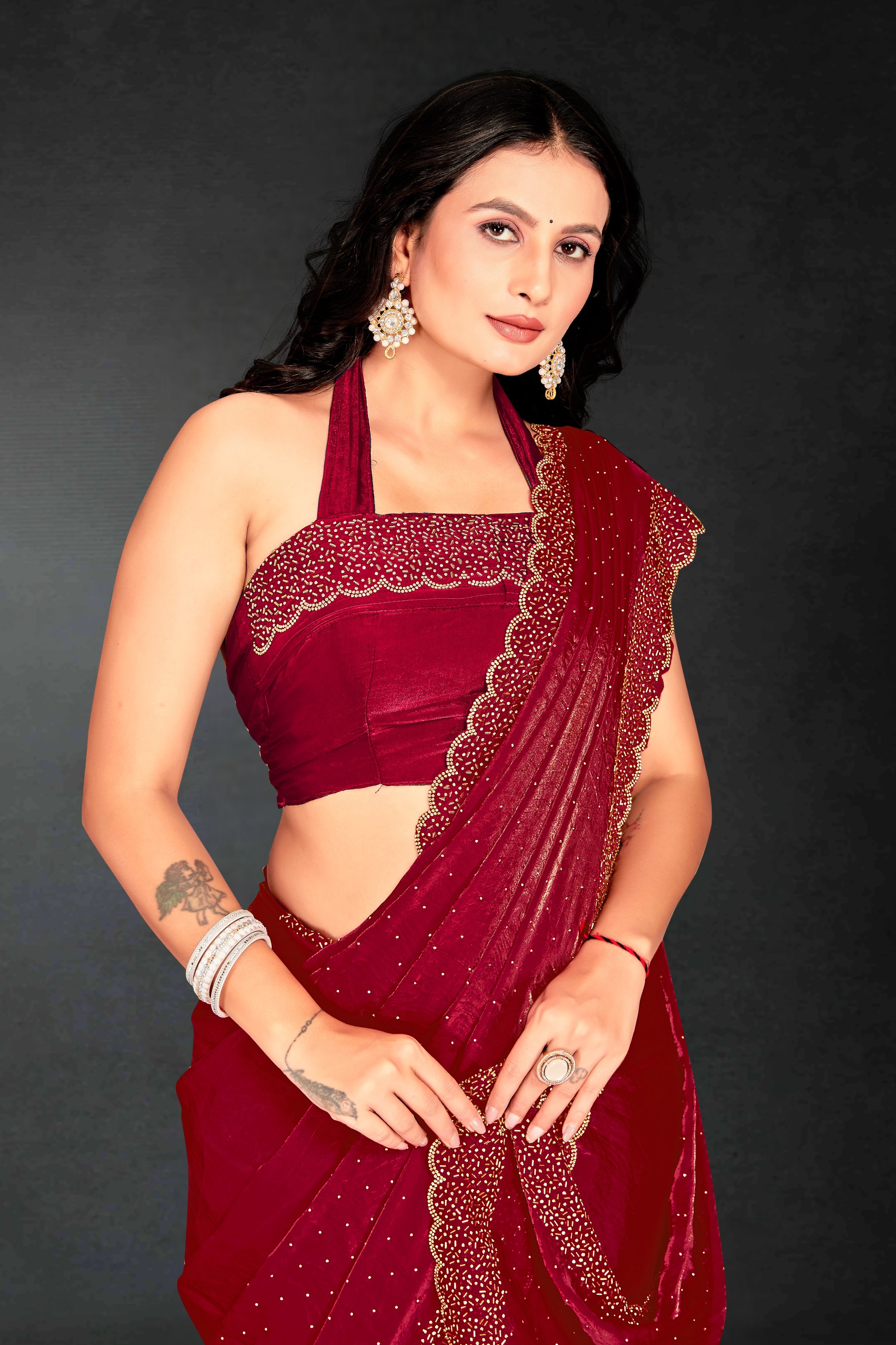 Cherry Fendy Silk Two Tone Zircon Celebration Saree